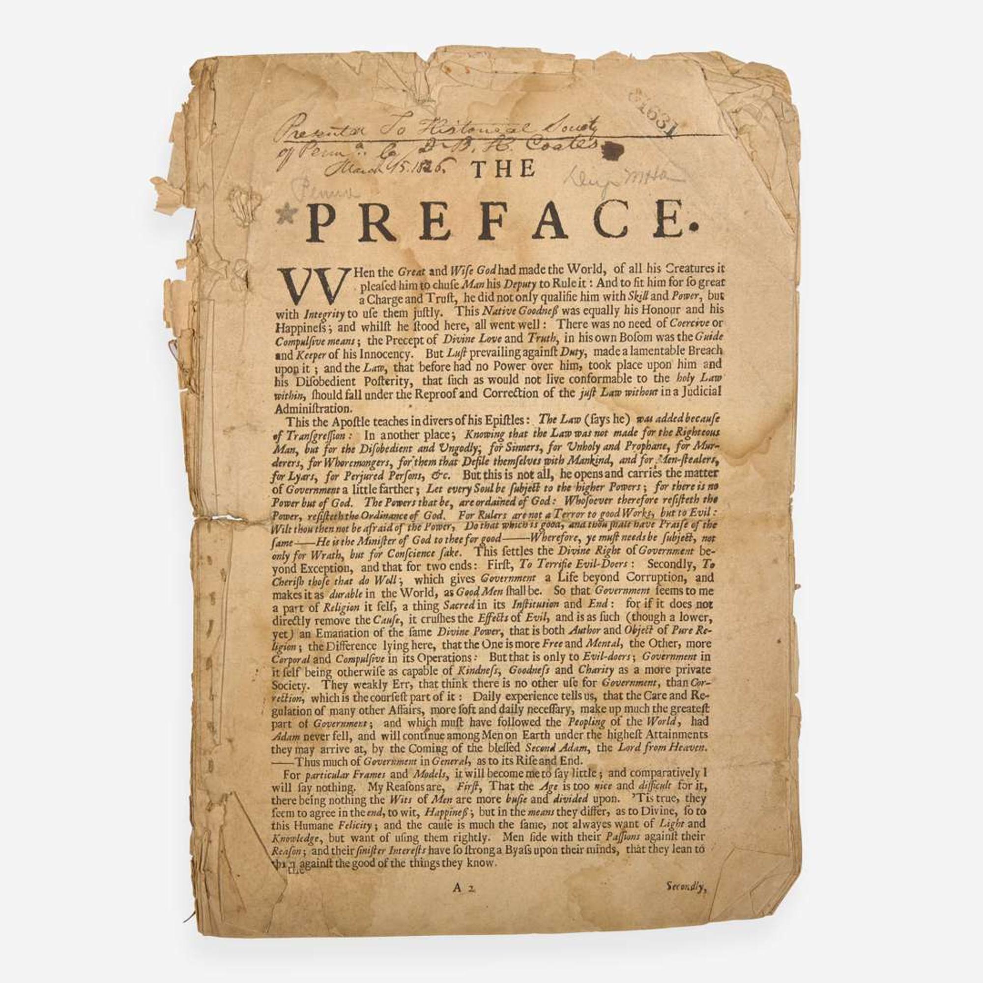 [Philadelphia & Pennsylvania] Penn, William (The Frame of the Government of the Province of Pennsilvania in America: Together with certain Laws Agreed upon in England by the Governour and Divers Free-Men of the aforesaid Province...)
