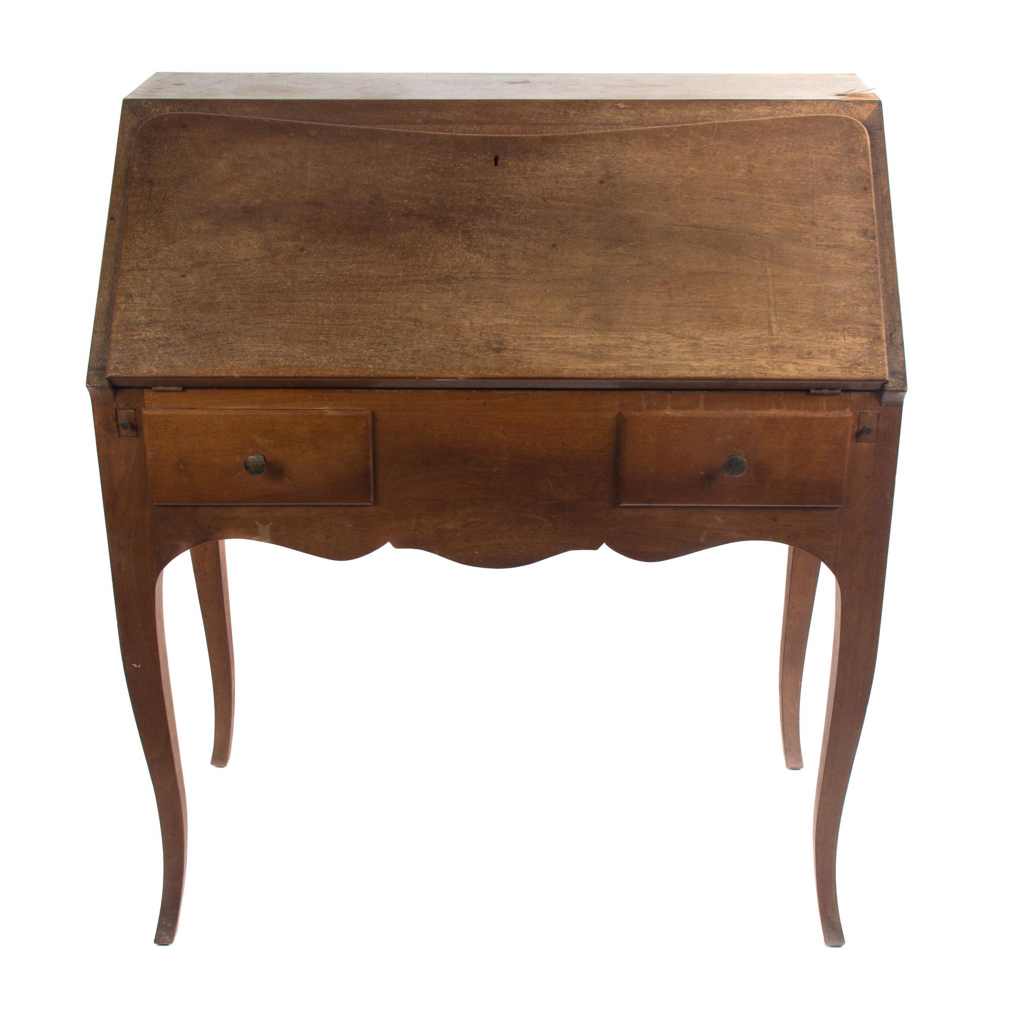 A Slant Front Desk Height 39 inches x width 33 7/8 inches x depth 17 1/2 inches (closed); depth 30 inches (open).