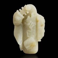 A Chinese pale greyish-celadon jade "Qinqishuhua" brush rest 青白玉笔架琴棋書畫 Qing dynasty ?