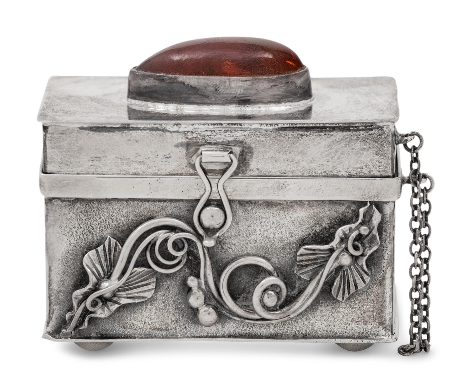 A Polish Silver Trinket Box with Inlaid Amber Cartouche