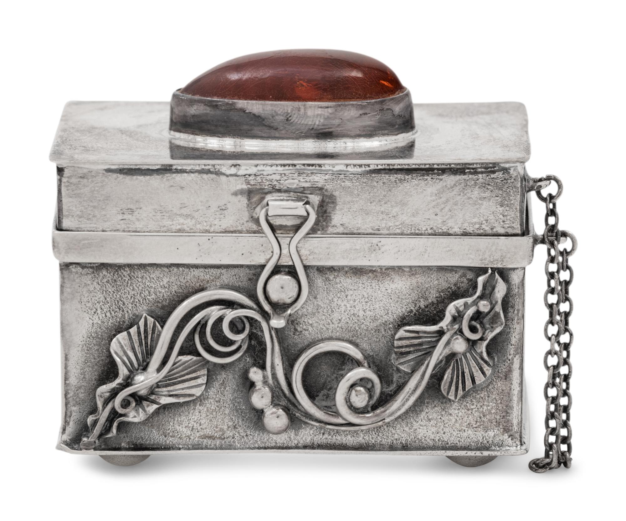 A Polish Silver Trinket Box with Inlaid Amber Cartouche