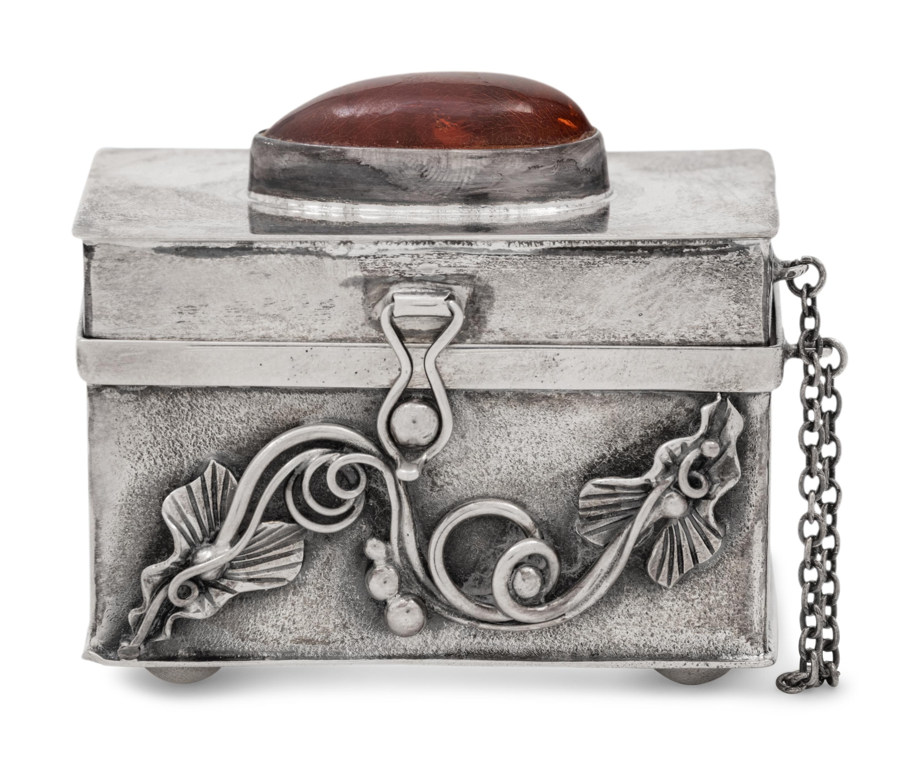 A Polish Silver Trinket Box with Inlaid Amber Cartouche