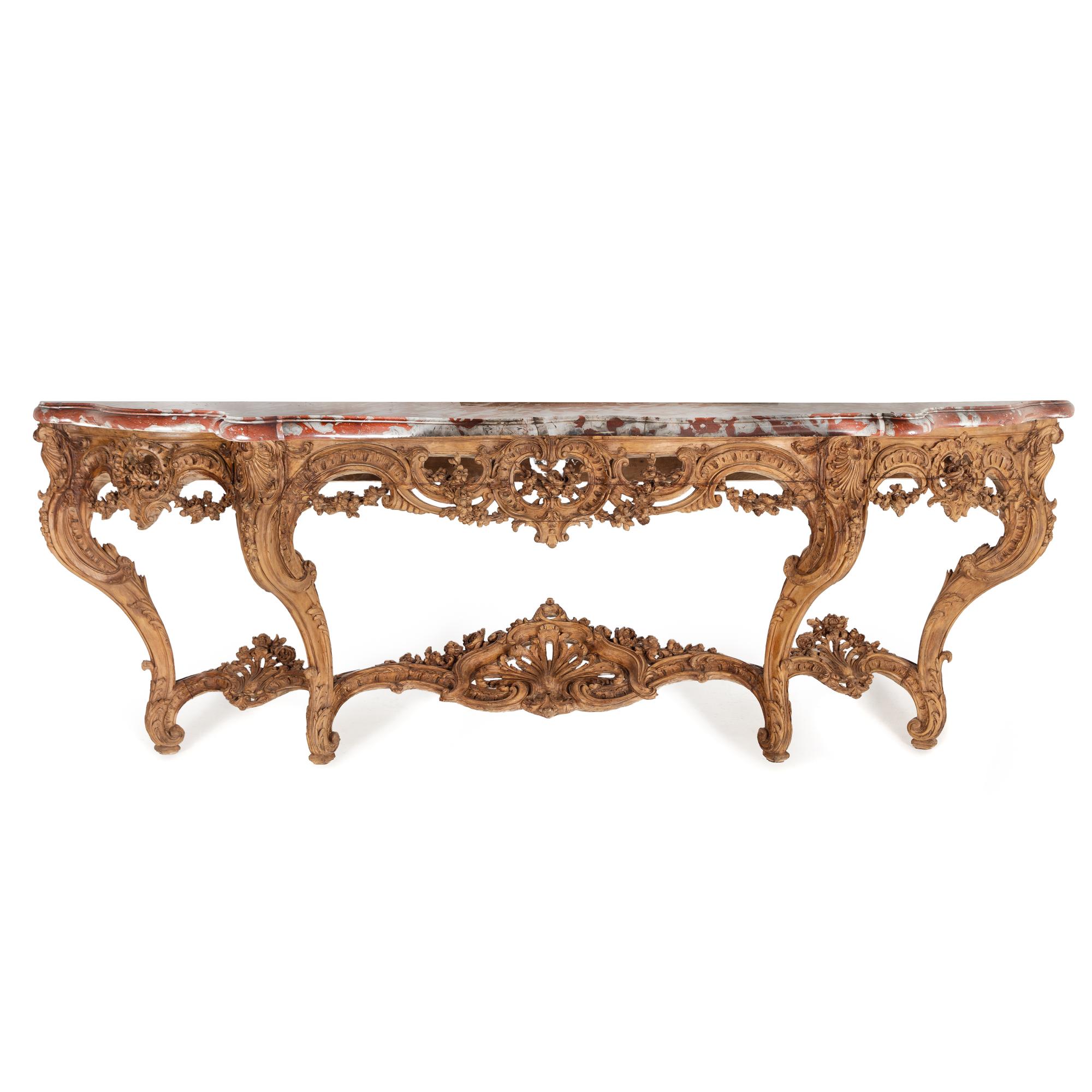 A Louis XV Carved Walnut Marble-Top Console Table