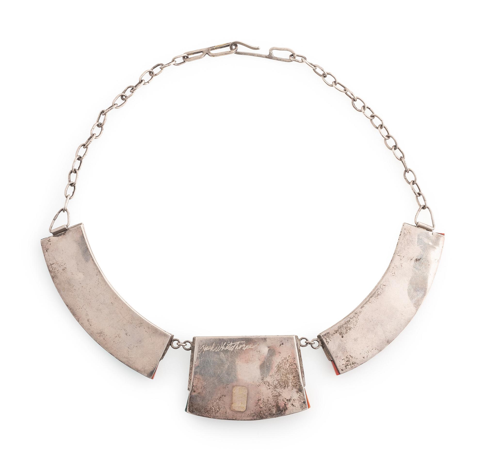 Silver Overlay Link Necklace, with Coral and Turquoise Inlay