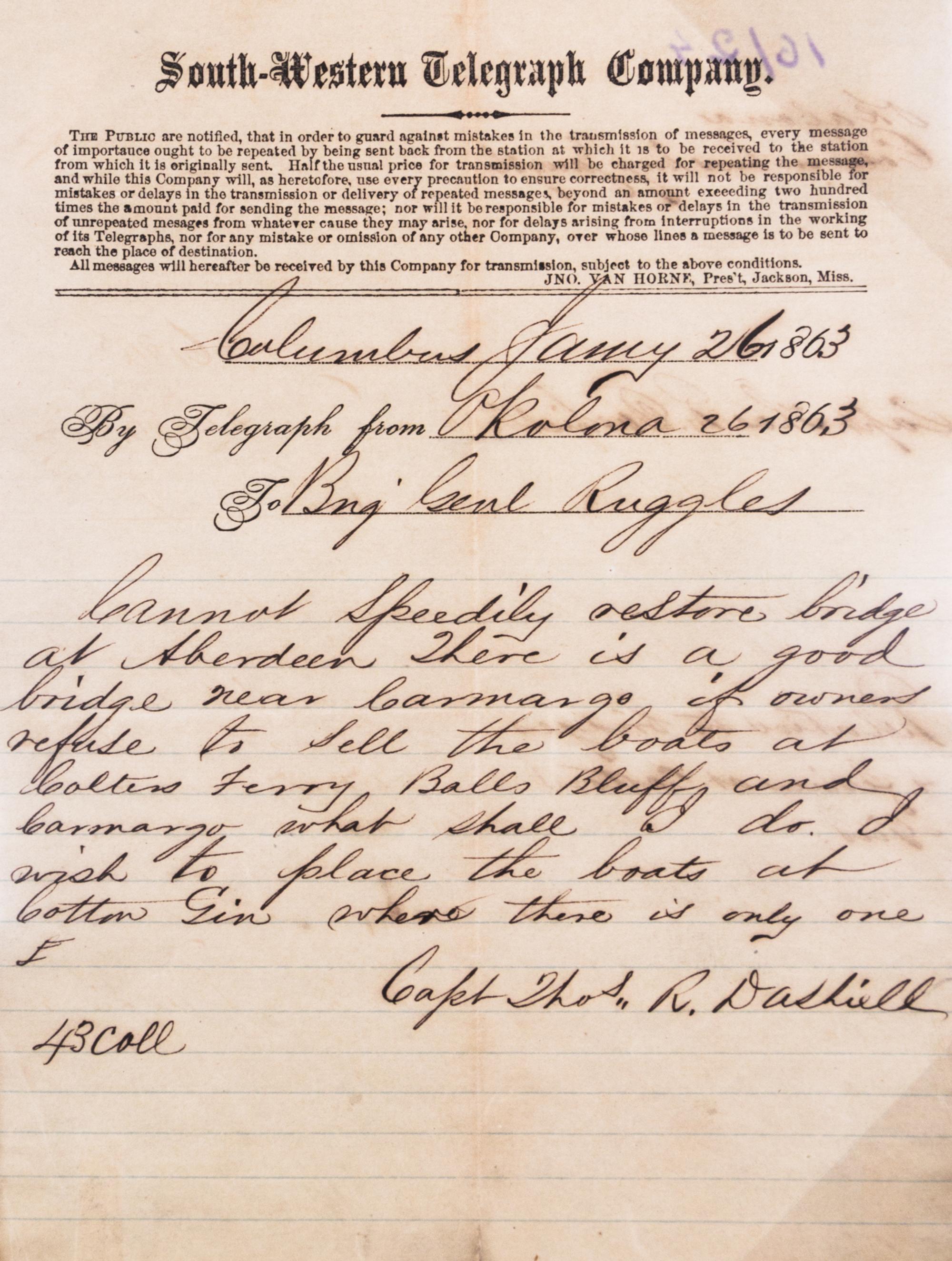 (CIVIL WAR; MISSISSIPPI) RUGGLES, GEN. DANIEL. 14 telegrams sent to Ruggles from March 1862 to Sept. 1863.