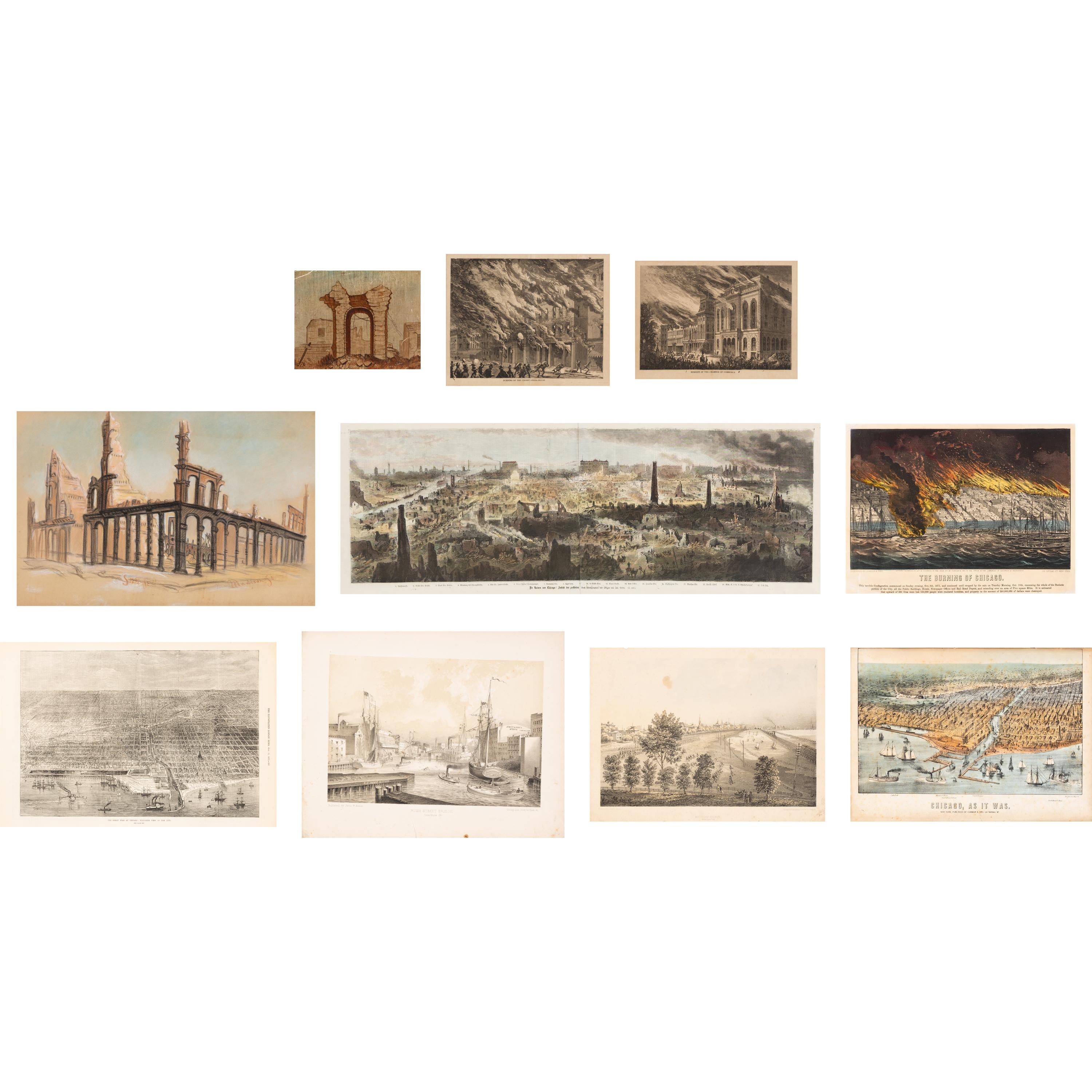 [Chicago Fire]. A group of 10 prints and 2 paintings, showing views of Chicago before and after the Great Fire, including: