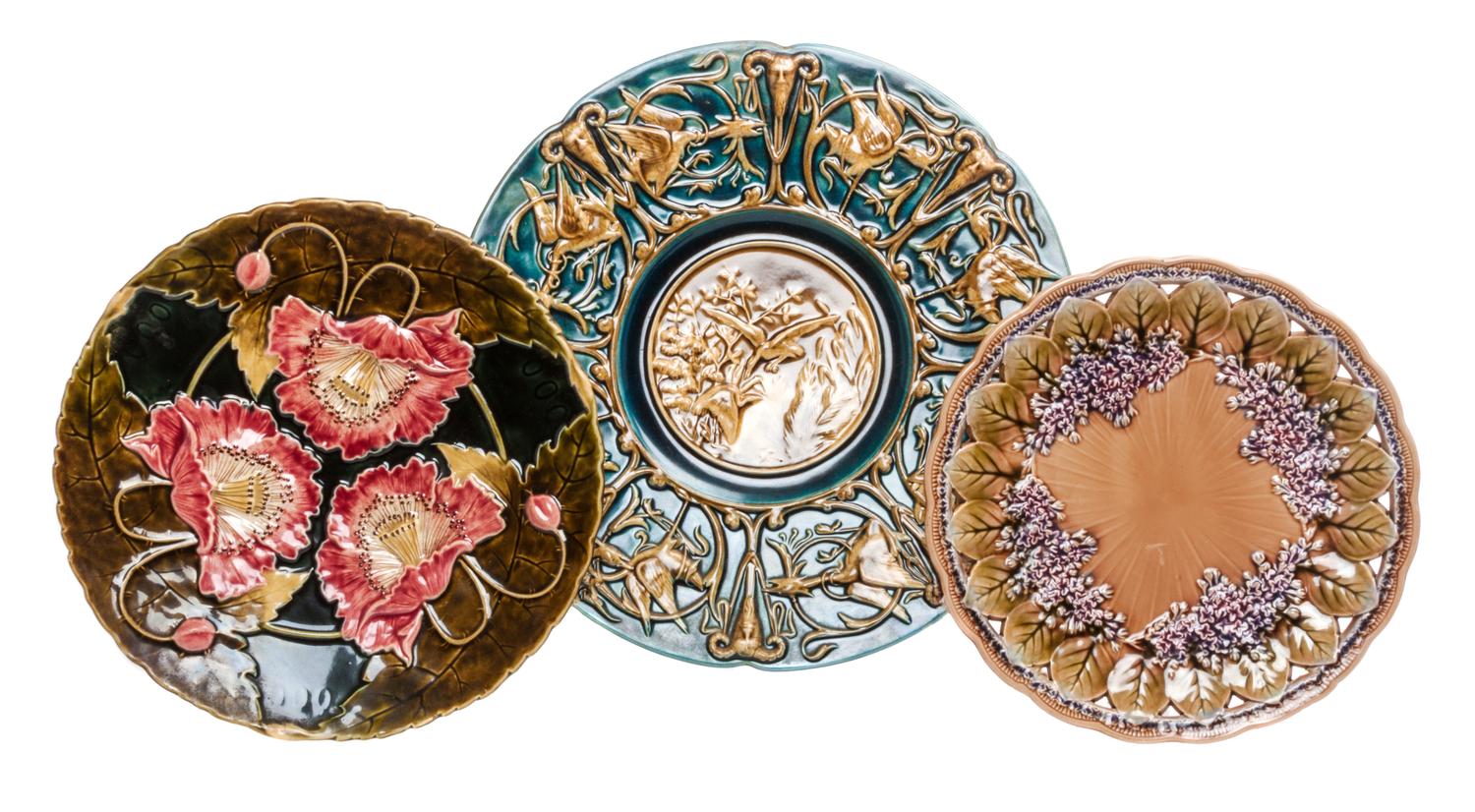 Three Majolica Chargers Diameter of largest 16 1/2 inches.