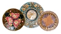 Three Majolica Chargers Diameter of largest 16 1/2 inches.