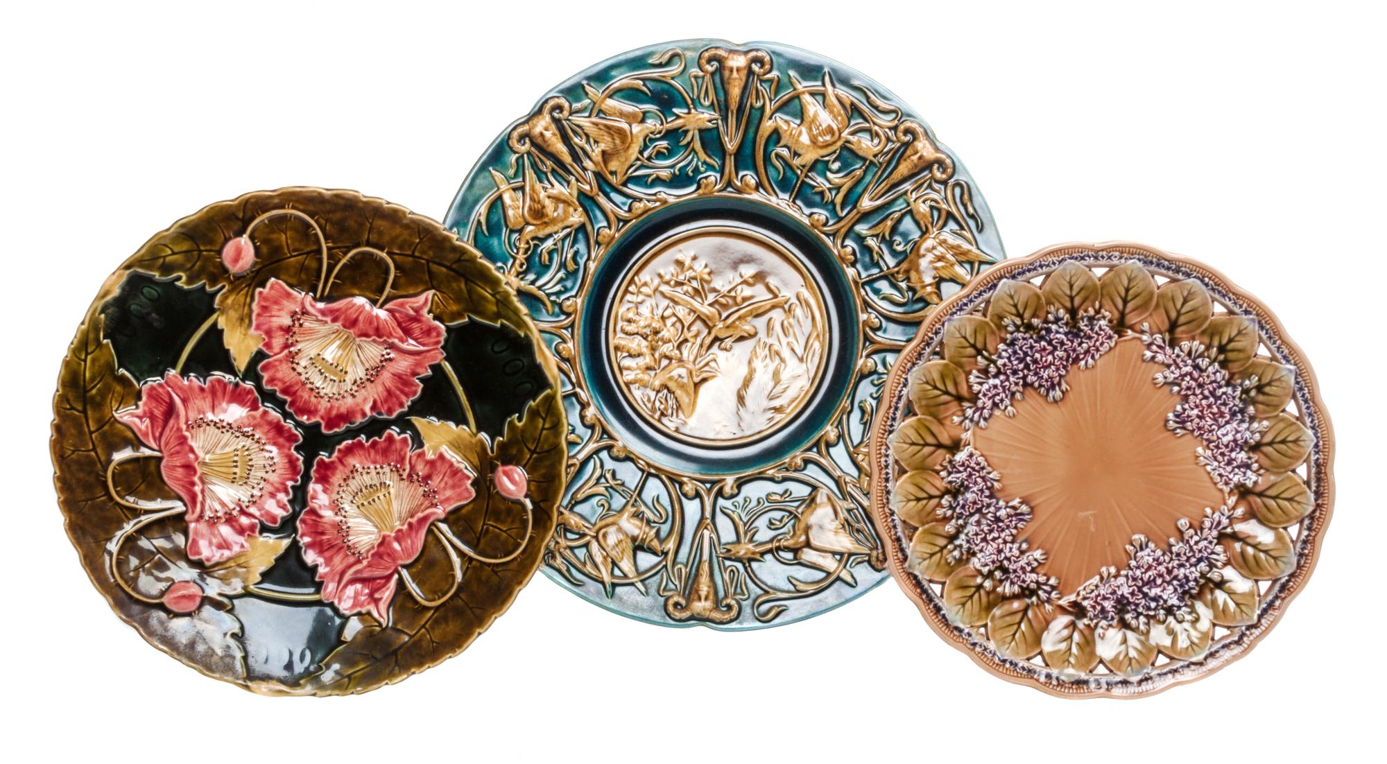 Three Majolica Chargers Diameter of largest 16 1/2 inches.