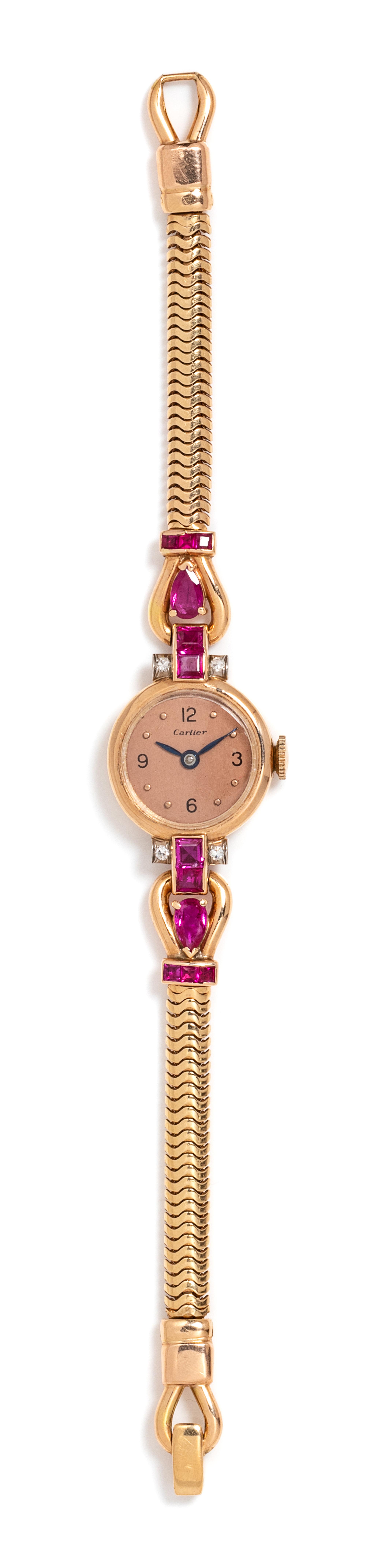 A Retro 14 Karat Rose Gold, Ruby and Diamond Wristwatch, Cartier, 15.90 dwts.