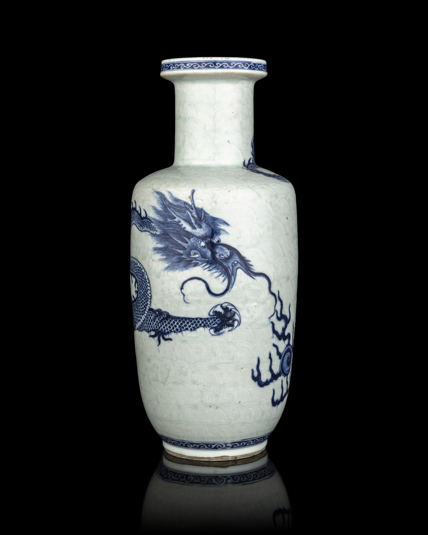A Chinese Incised Celadon Ground Underglaze Blue 'Dragon' Rouleau Vase