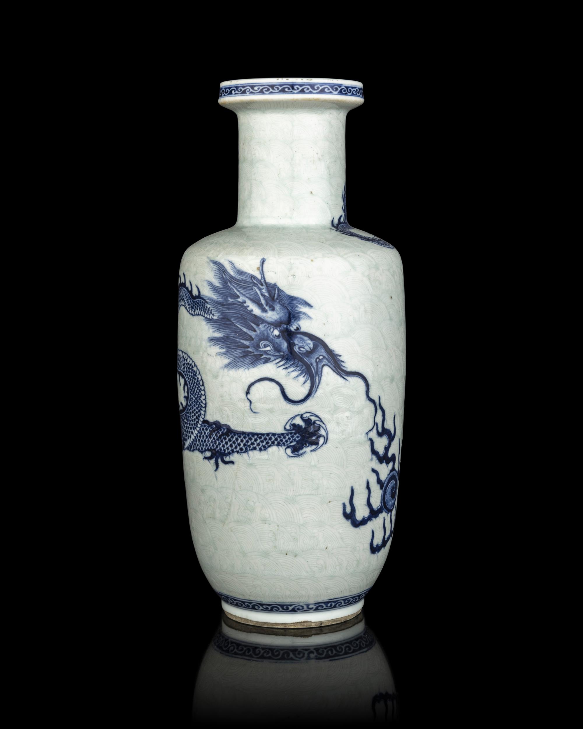 A Chinese Incised Celadon Ground Underglaze Blue 'Dragon' Rouleau Vase
