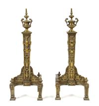 A Pair of Neoclassical Bronze and Iron Andirons, Height 30 inches.
