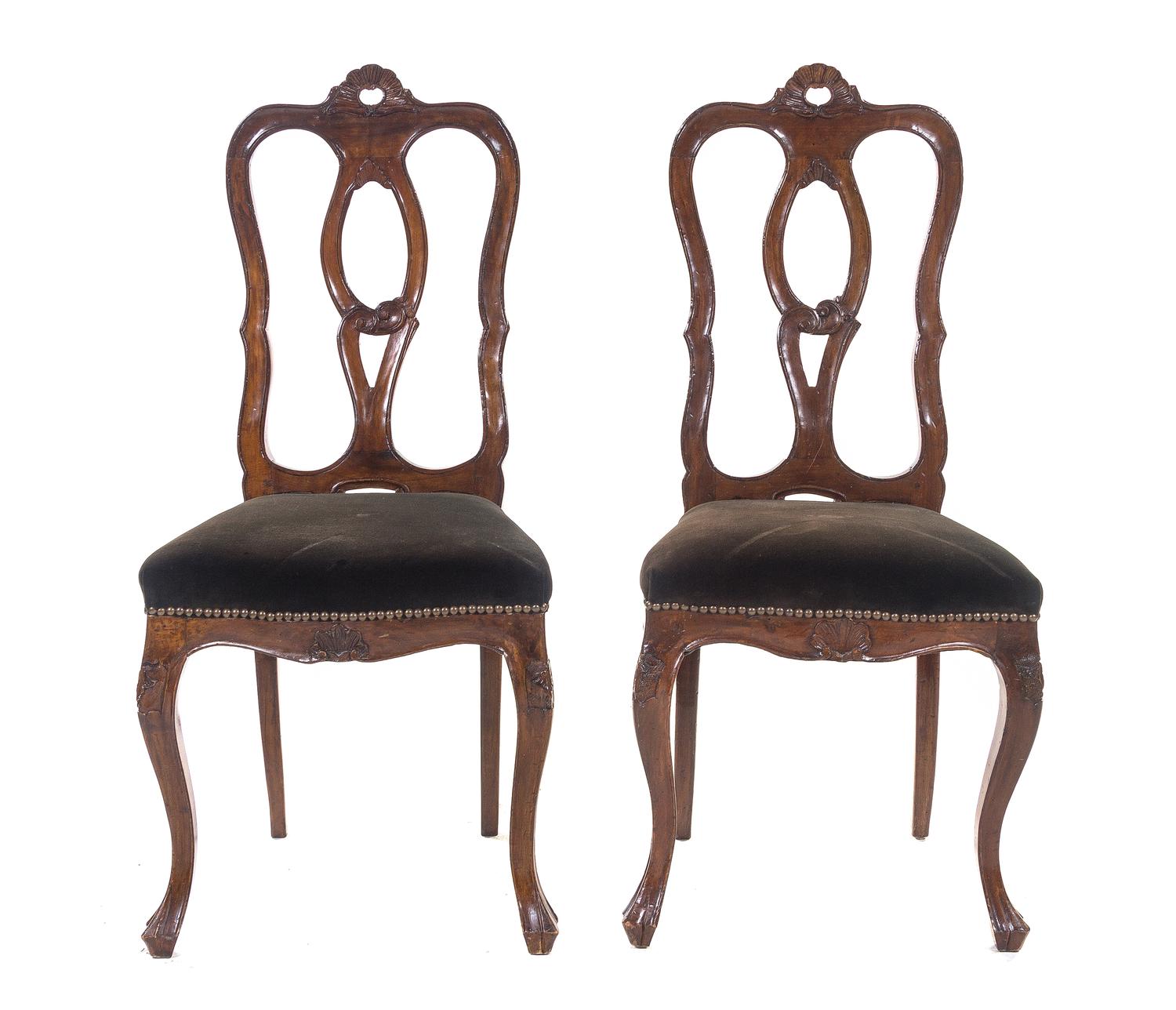 A Pair of English Walnut Side Chairs, Height 40 1/4 inches.