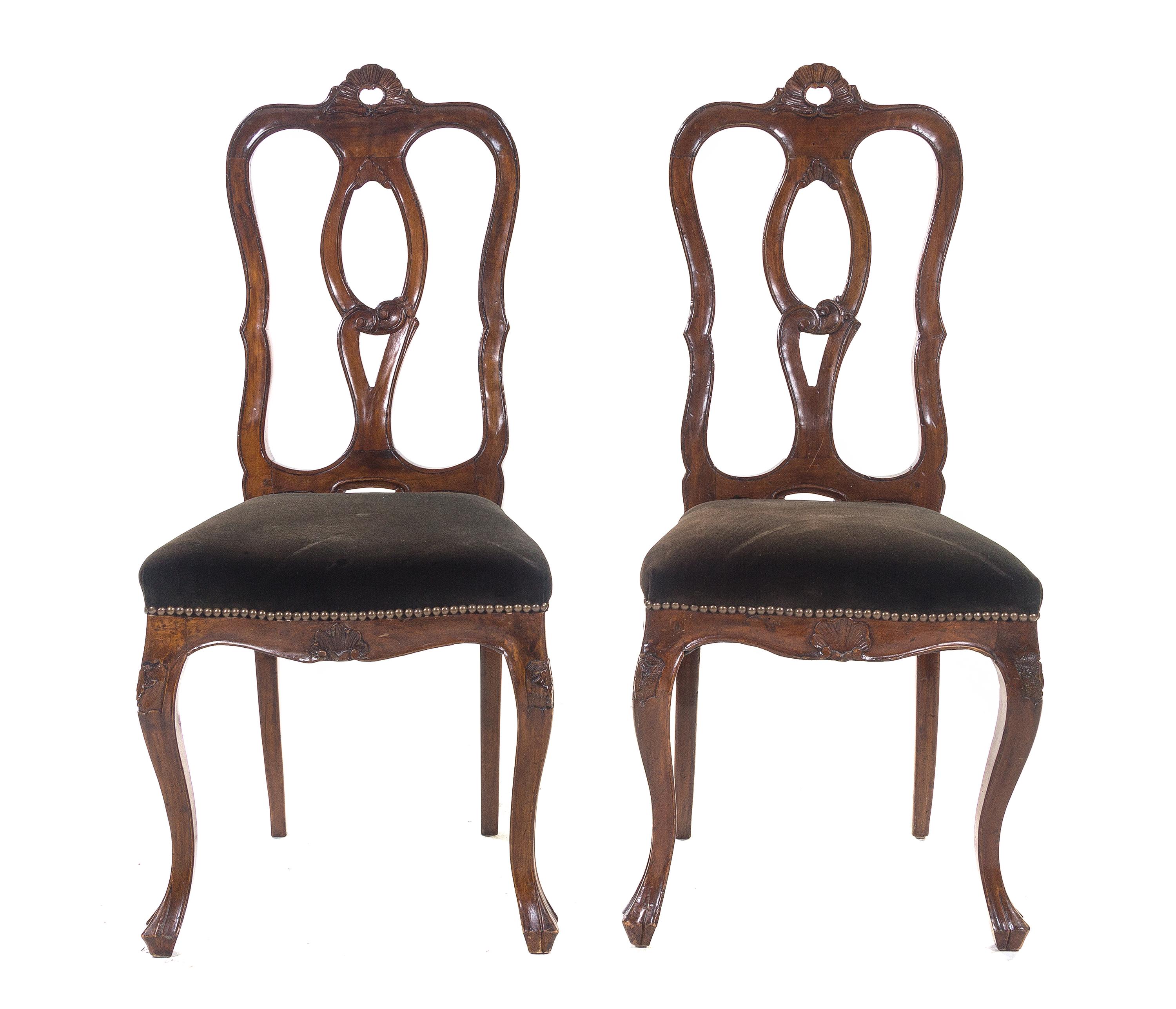 A Pair of English Walnut Side Chairs, Height 40 1/4 inches.