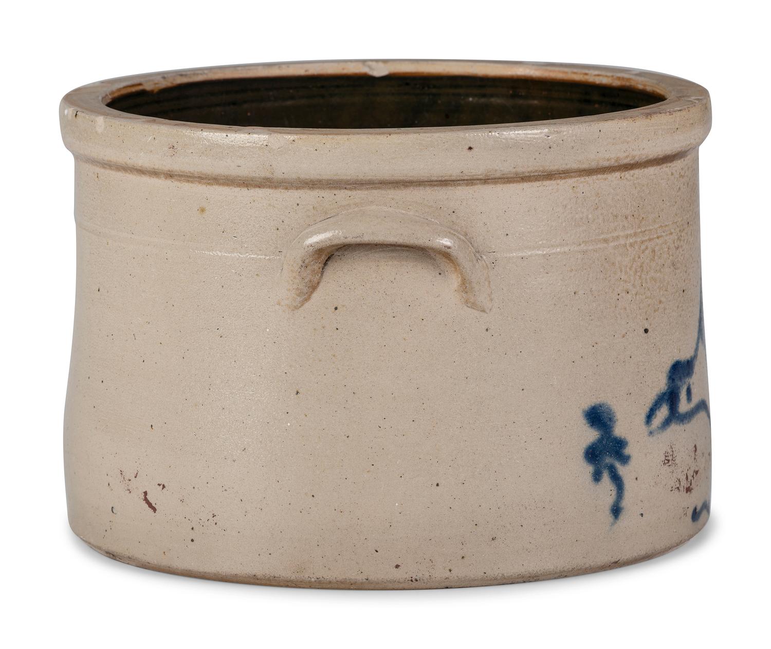 A Rare Two-Gallon Stoneware Crock with Cobalt Chicken and Worm Decoration