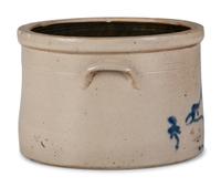 A Rare Two-Gallon Stoneware Crock with Cobalt Chicken and Worm Decoration