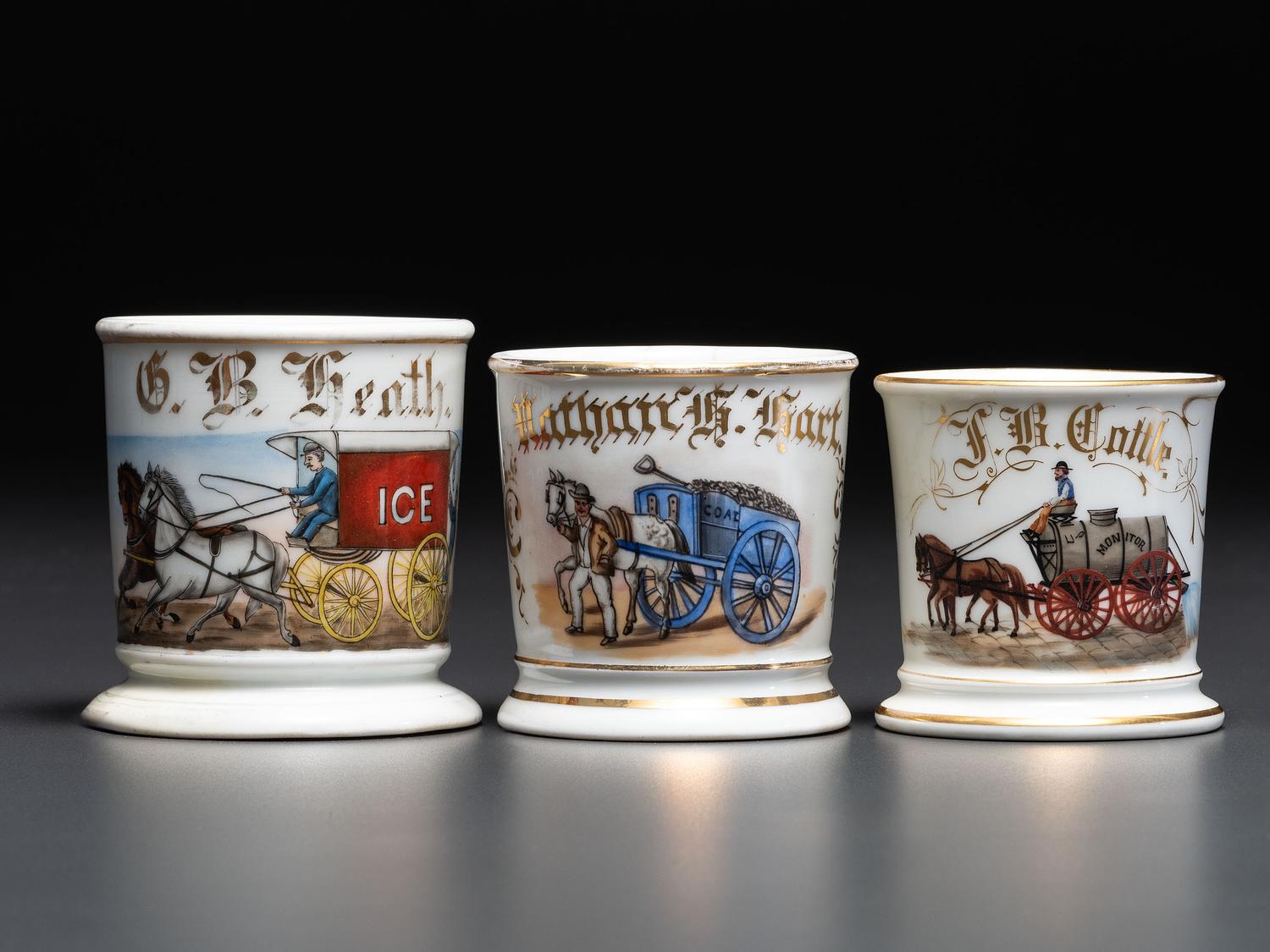 Three Horse-Drawn Delivery Wagon Porcelain Occupational Shaving Mugs