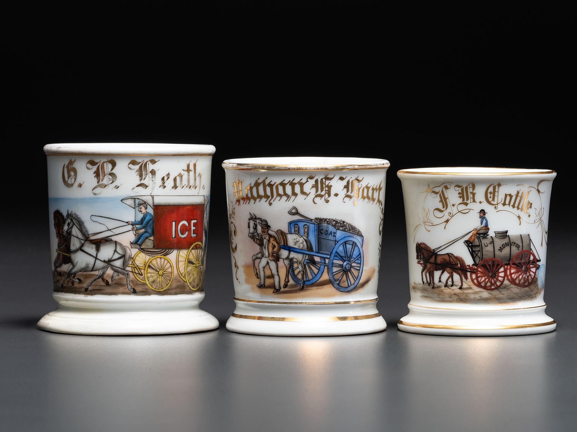 Three Horse-Drawn Delivery Wagon Porcelain Occupational Shaving Mugs
