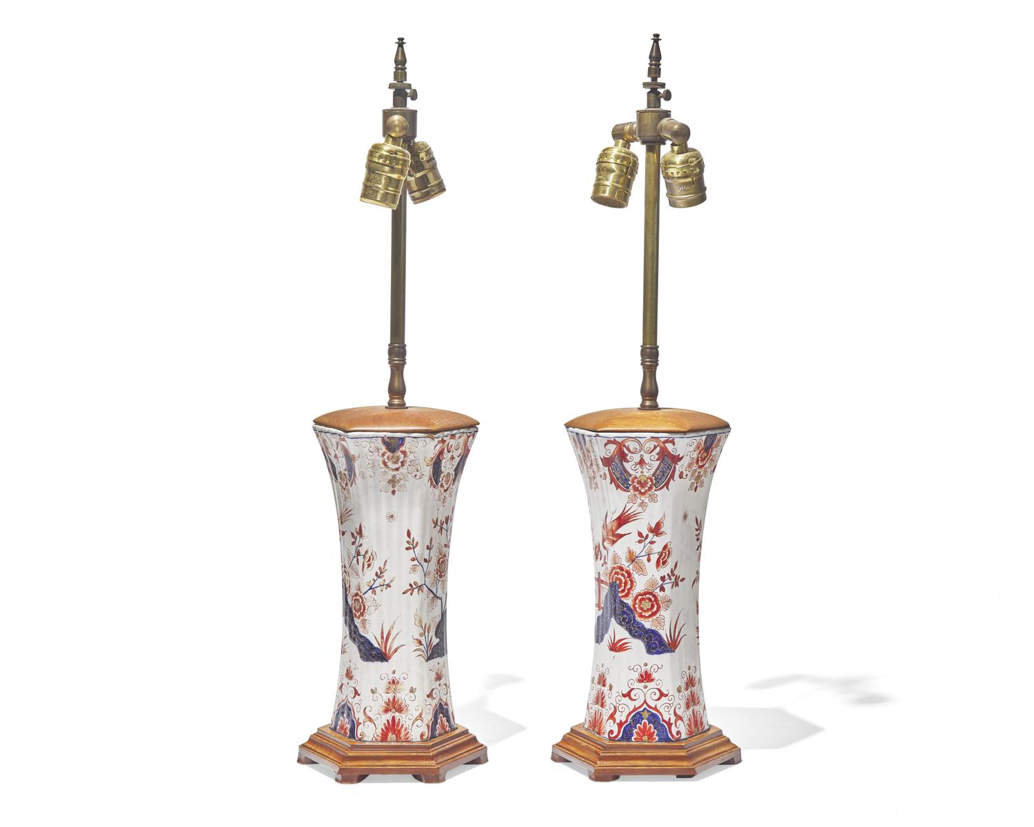 A pair of Dutch Delft Chinoiserie vases in the Imari palette, mounted as table lamps, the vases likely 18th century