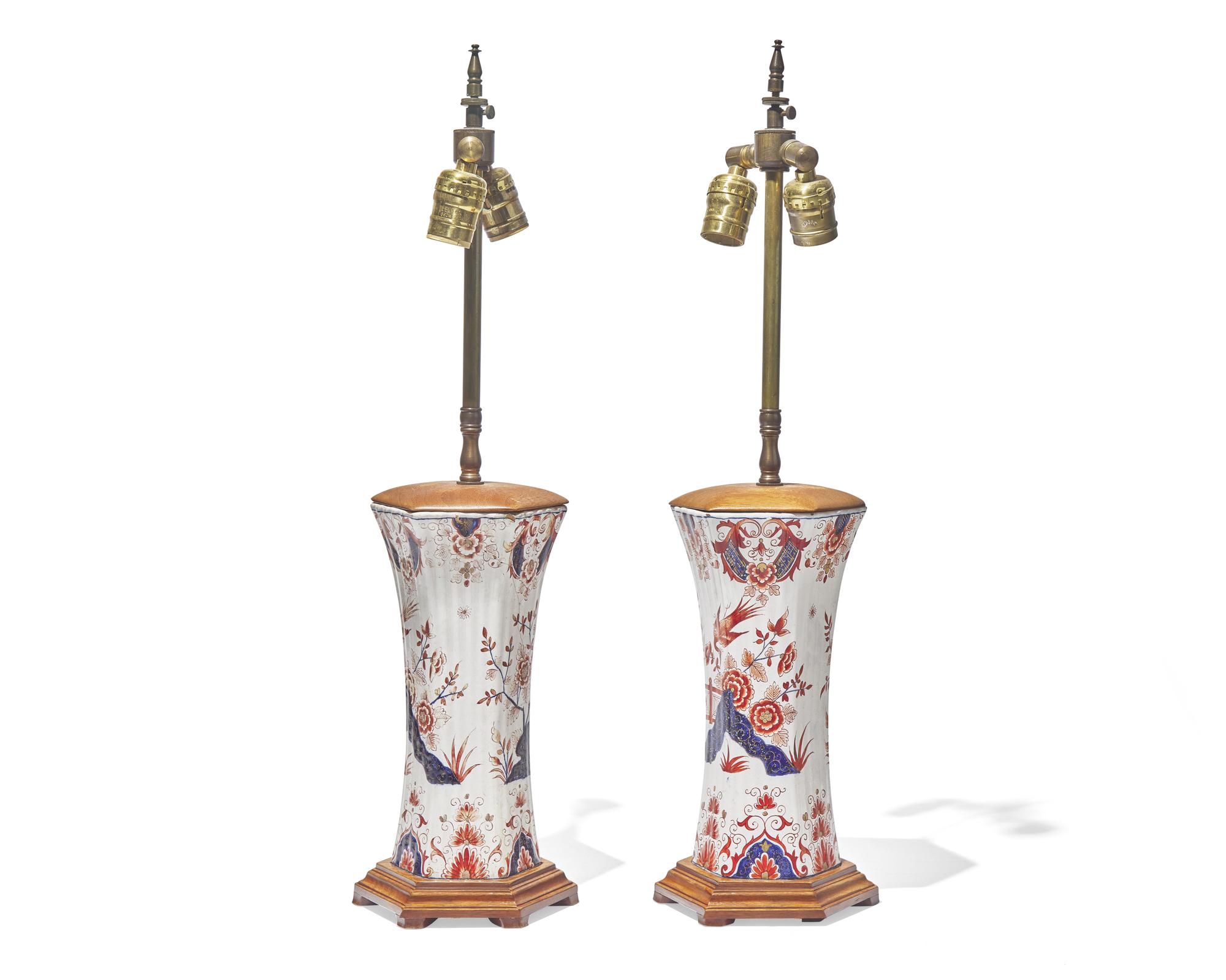 A pair of Dutch Delft Chinoiserie vases in the Imari palette, mounted as table lamps, the vases likely 18th century