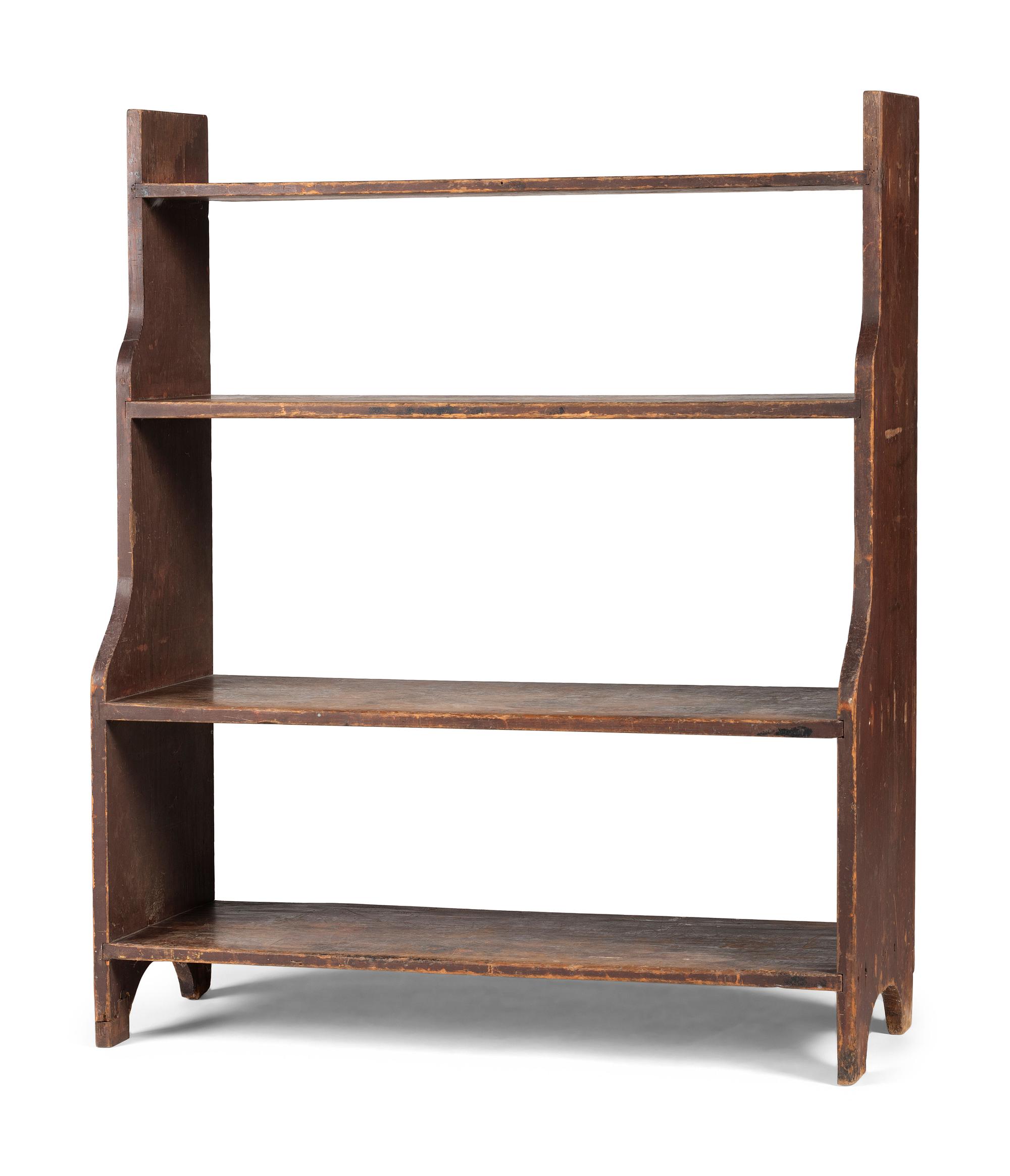 A Country Reddish-Brown Painted Pine Four-Tier Bucket Shelf