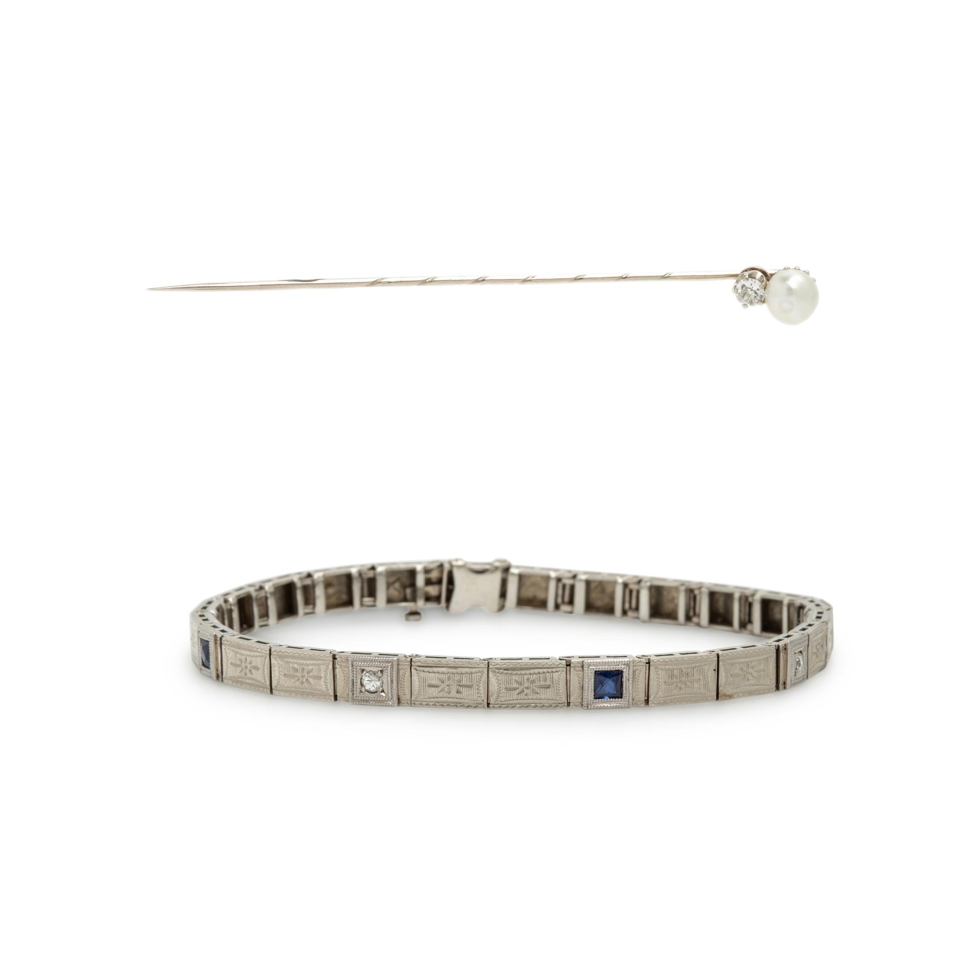 Multigem and White Gold Bracelet and Stick Pin