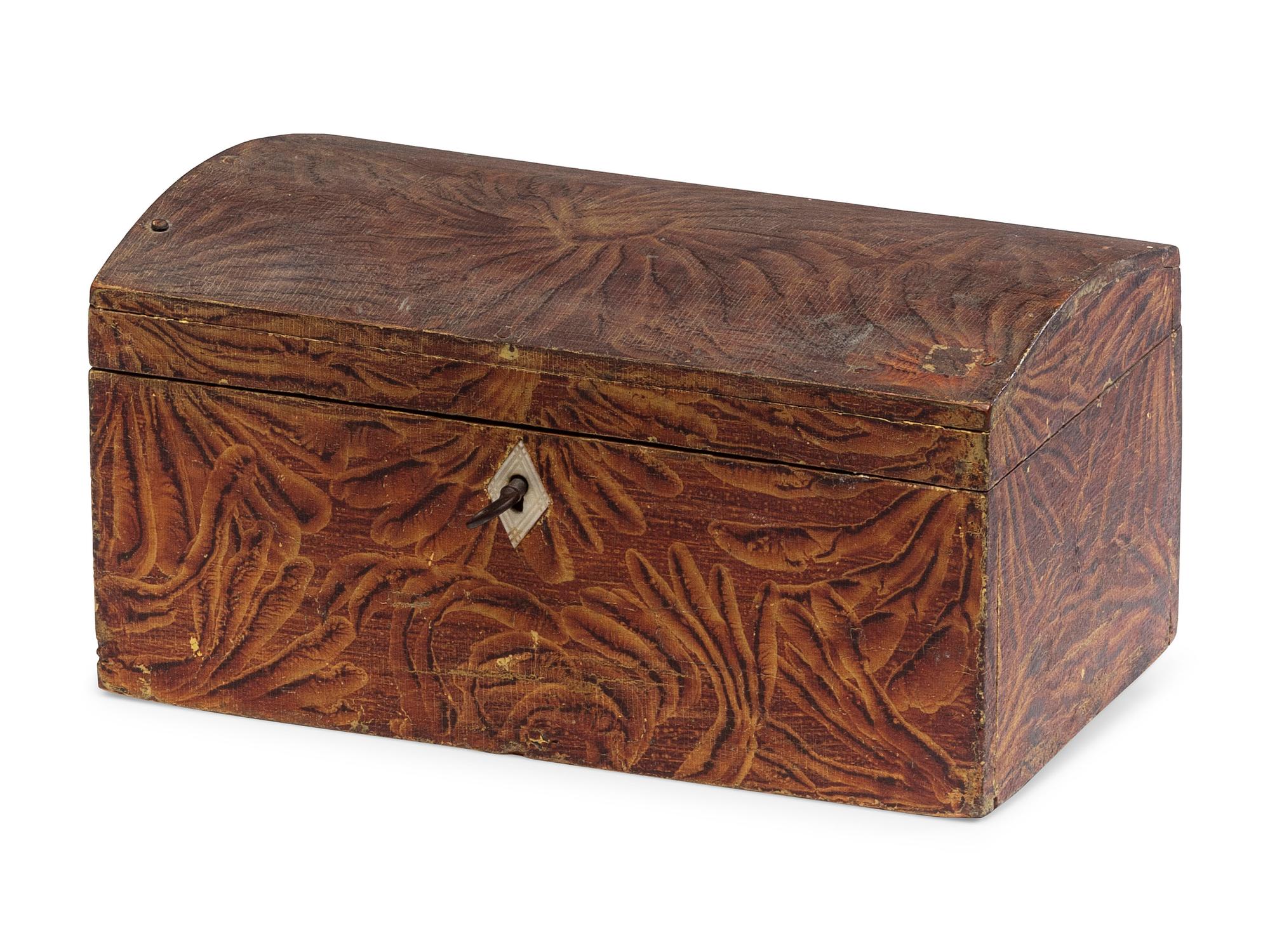 A Country Grain Painted and Carved Horn Inset Pine and Poplar Domed-Top Box, 19th Century