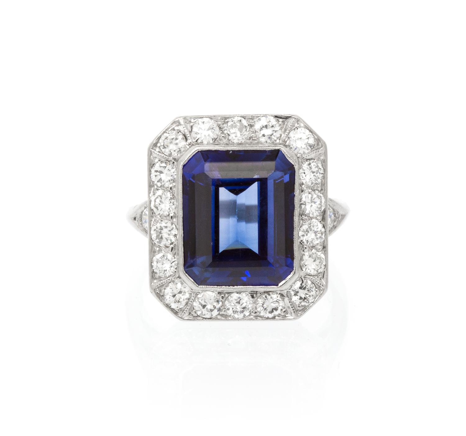 A Platinum, Synthetic Sapphire and Diamond Ring, 5.20 dwts.
