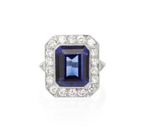 A Platinum, Synthetic Sapphire and Diamond Ring, 5.20 dwts.