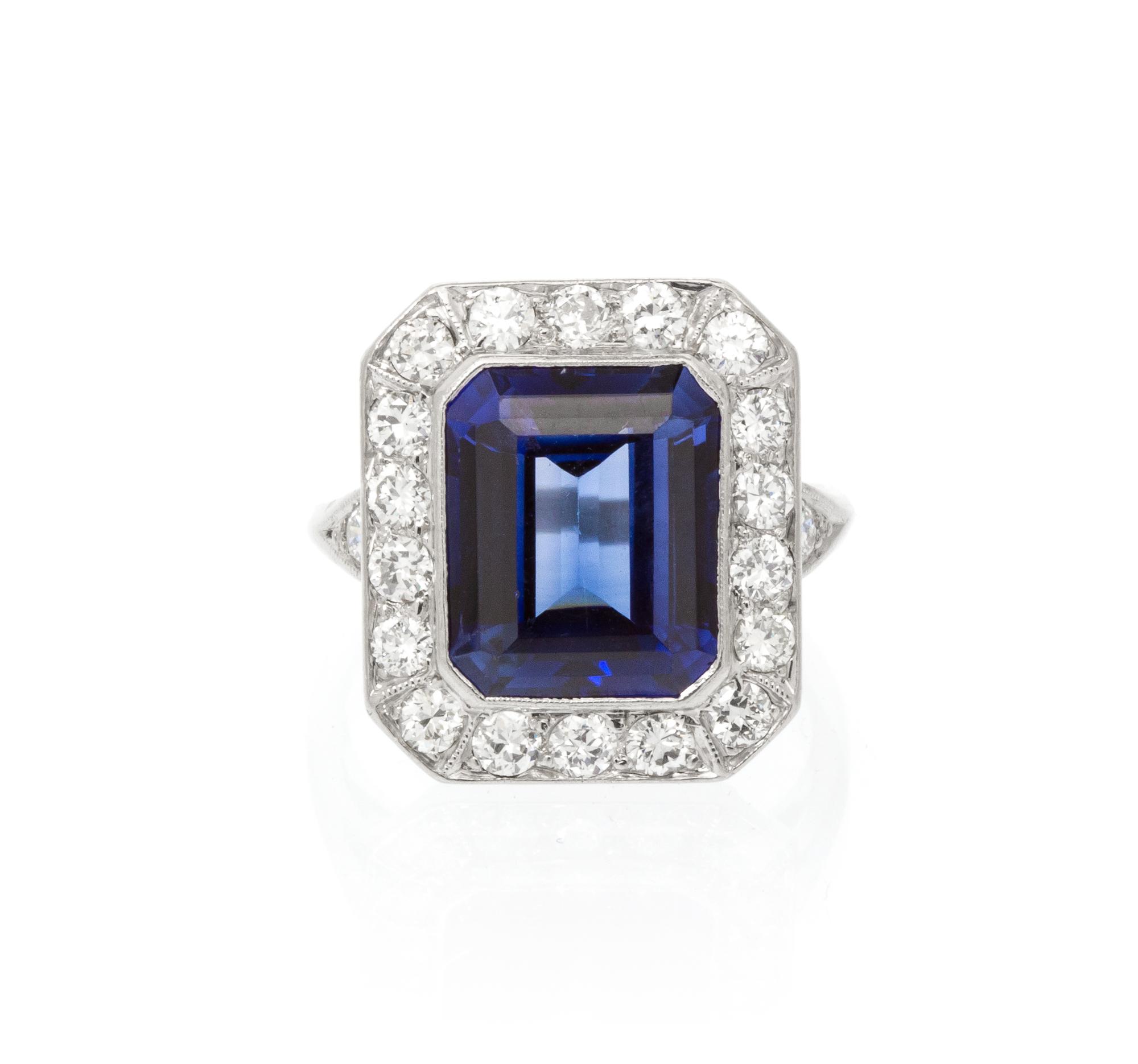 A Platinum, Synthetic Sapphire and Diamond Ring, 5.20 dwts.