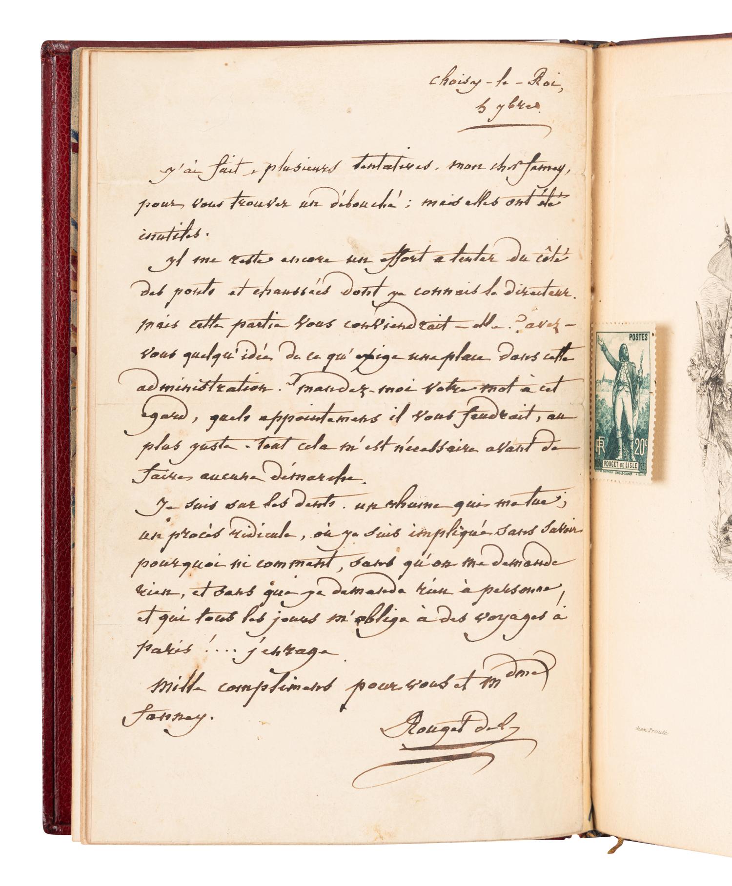 ROUGET DE LISLE, Claude Joseph (1760-1836). Autograph letter signed ("J. Rouget de Lisle"), as former officer with the French Royal Corps of Engineer to Monsieur Fauncy. Choisy-le-Roi, 6 September 1830.