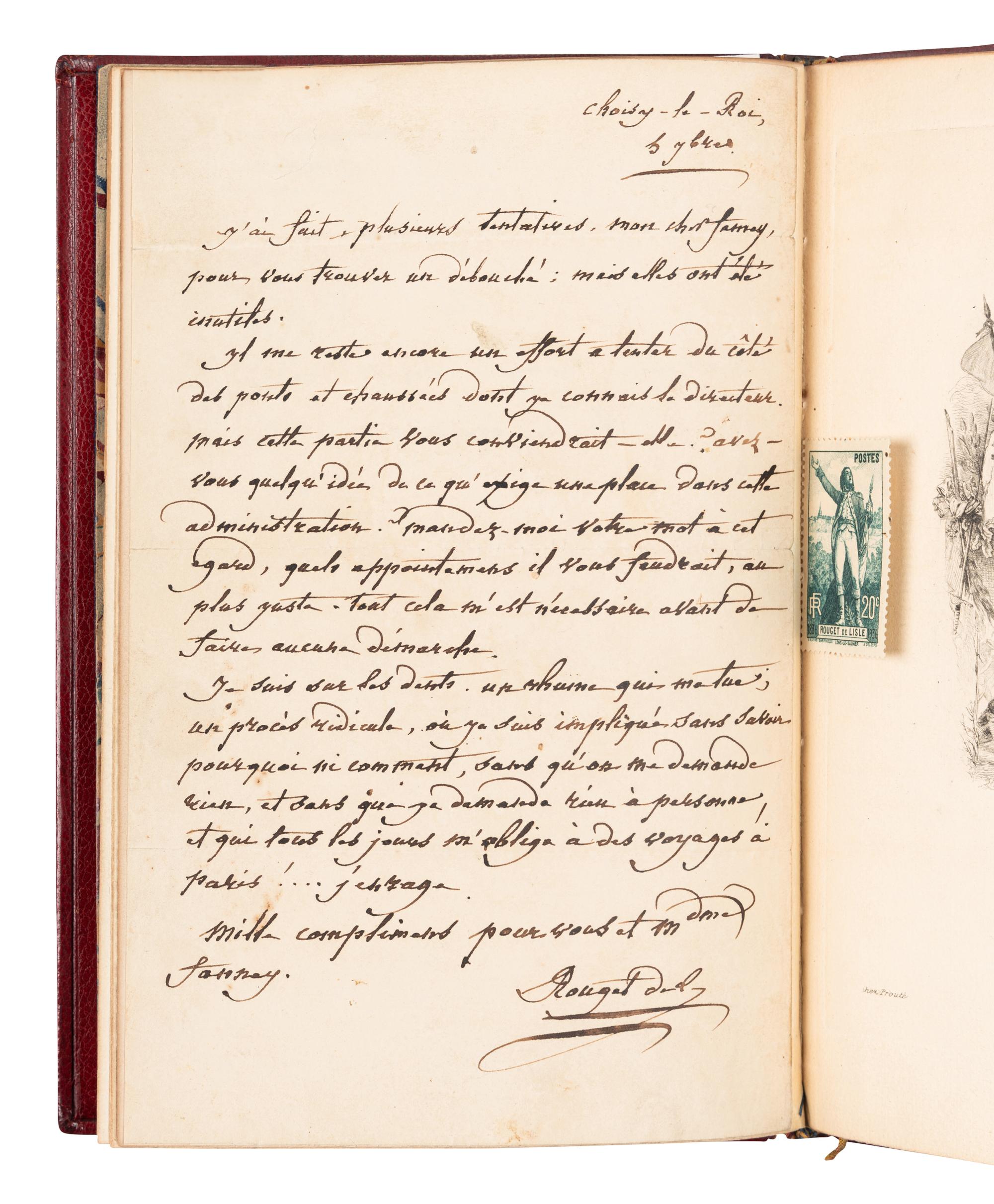 ROUGET DE LISLE, Claude Joseph (1760-1836). Autograph letter signed ("J. Rouget de Lisle"), as former officer with the French Royal Corps of Engineer to Monsieur Fauncy. Choisy-le-Roi, 6 September 1830.
