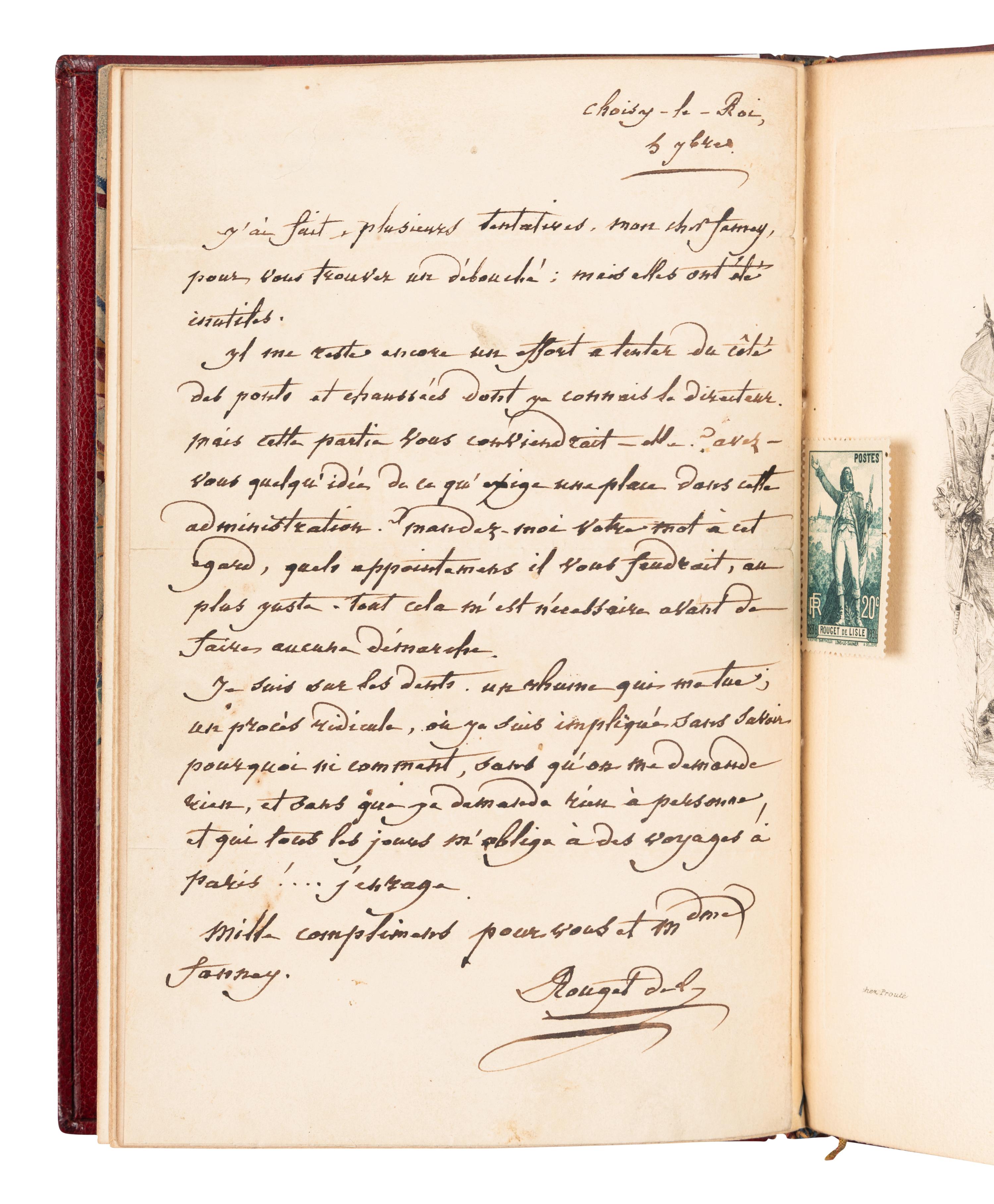 ROUGET DE LISLE, Claude Joseph (1760-1836). Autograph letter signed ("J. Rouget de Lisle"), as former officer with the French Royal Corps of Engineer to Monsieur Fauncy. Choisy-le-Roi, 6 September 1830.