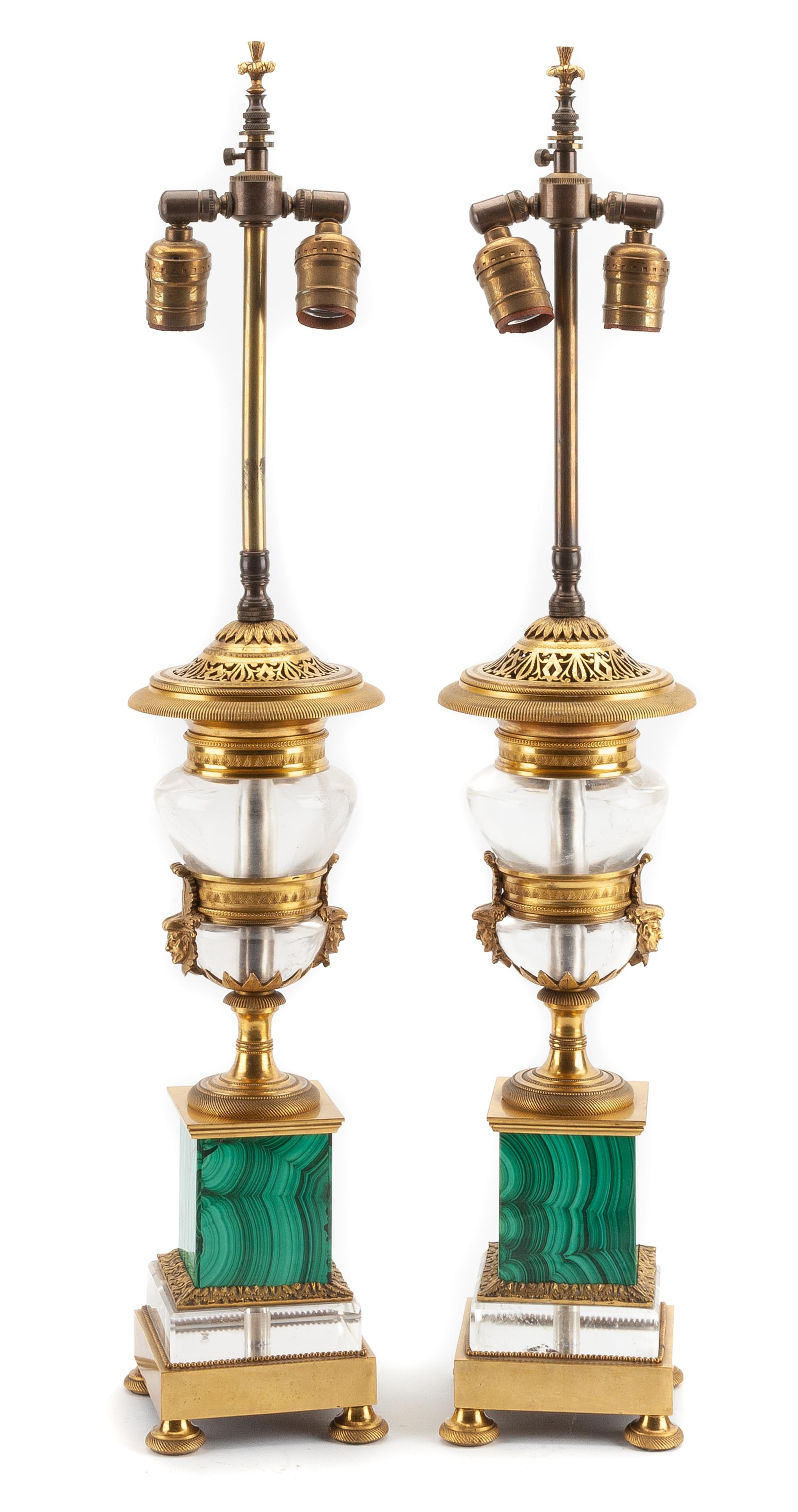 A Pair of Continental Gilt Bronze Mounted Rock Crystal and Malachite Lamp Bases Height of taller example 27 1/4 inches. — LATE 19TH/EARLY 20TH CENTURY