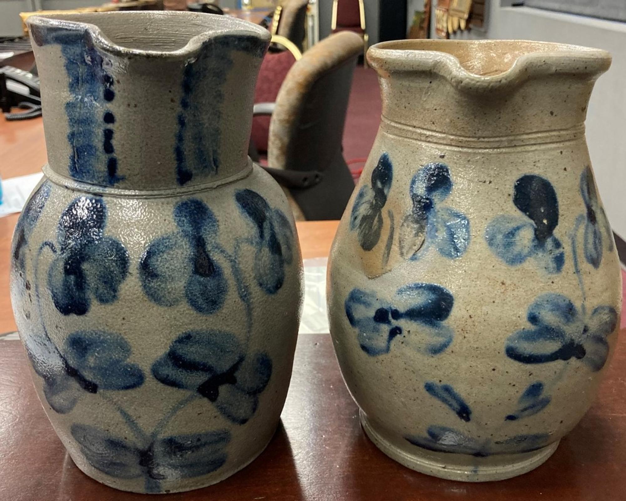 Two Cobalt Decorated Stoneware Pitchers