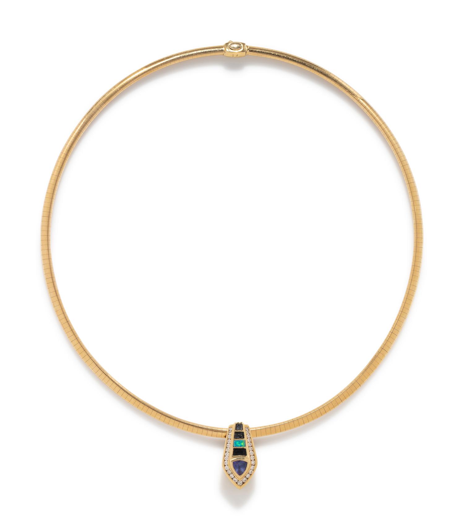 YELLOW GOLD, DIAMOND, TANZANITE AND OPAL INLAY PENDANT/NECKLACE