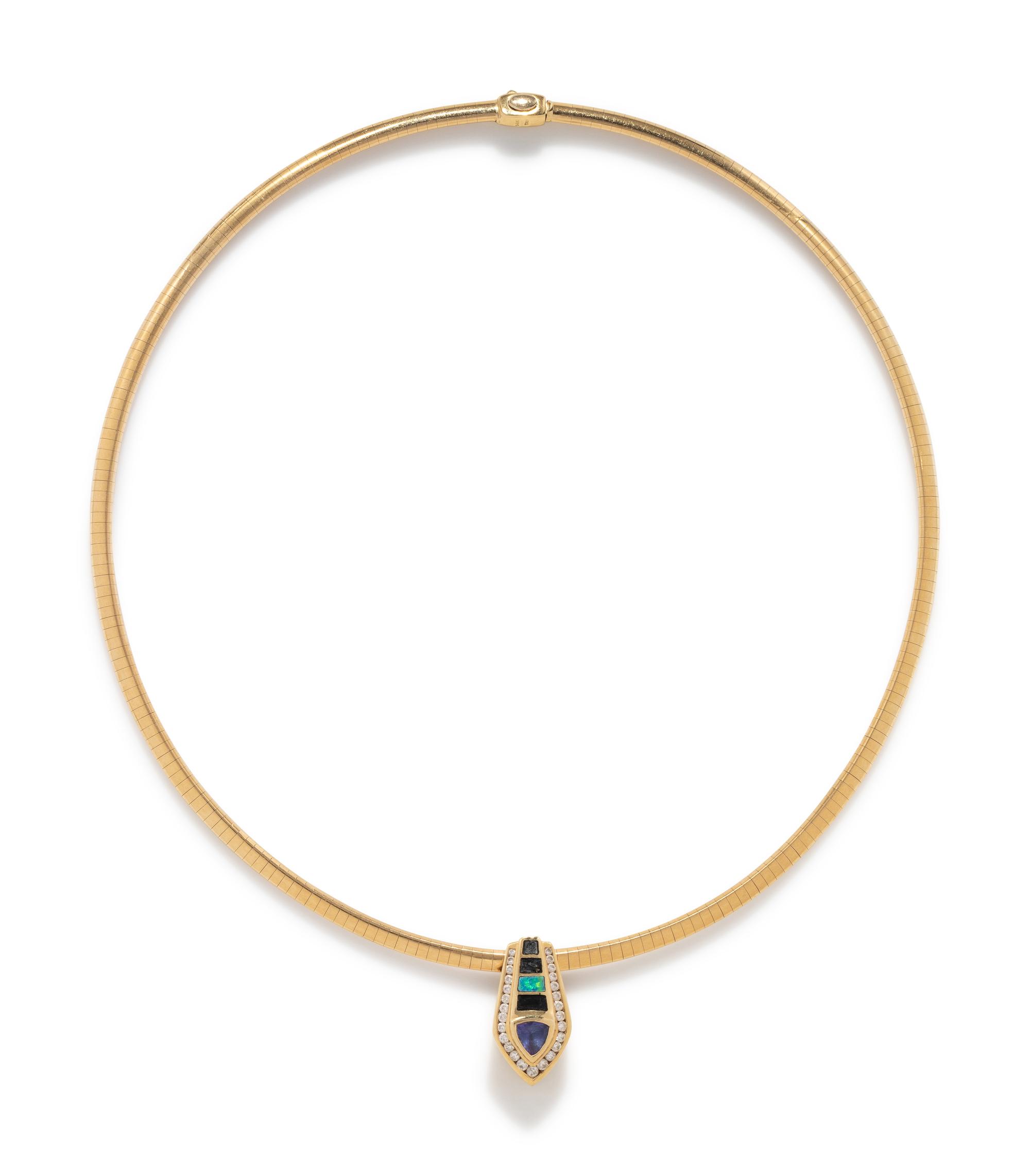 YELLOW GOLD, DIAMOND, TANZANITE AND OPAL INLAY PENDANT/NECKLACE
