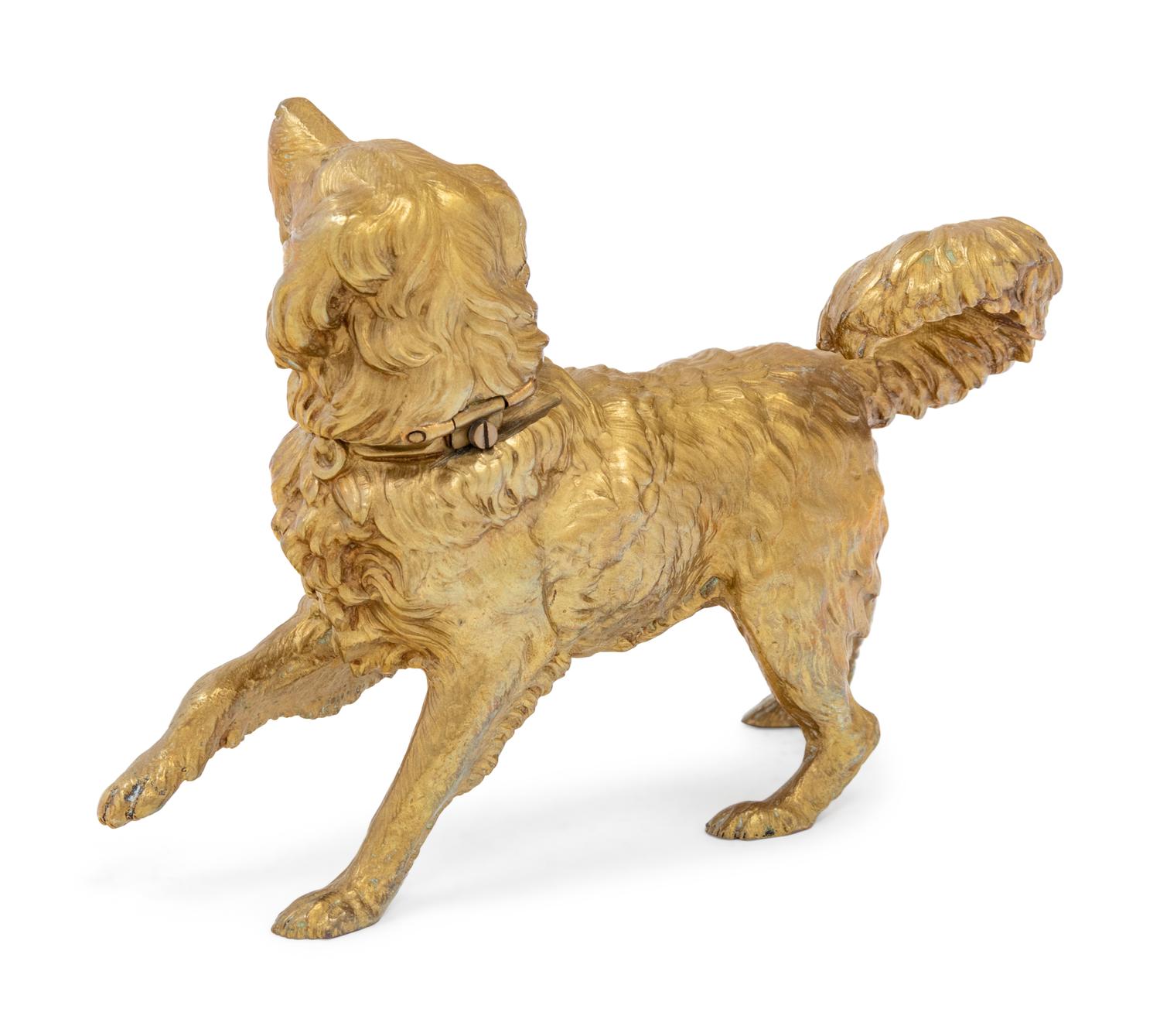 A Continental Gilt Bronze Dog-Form Inkwell