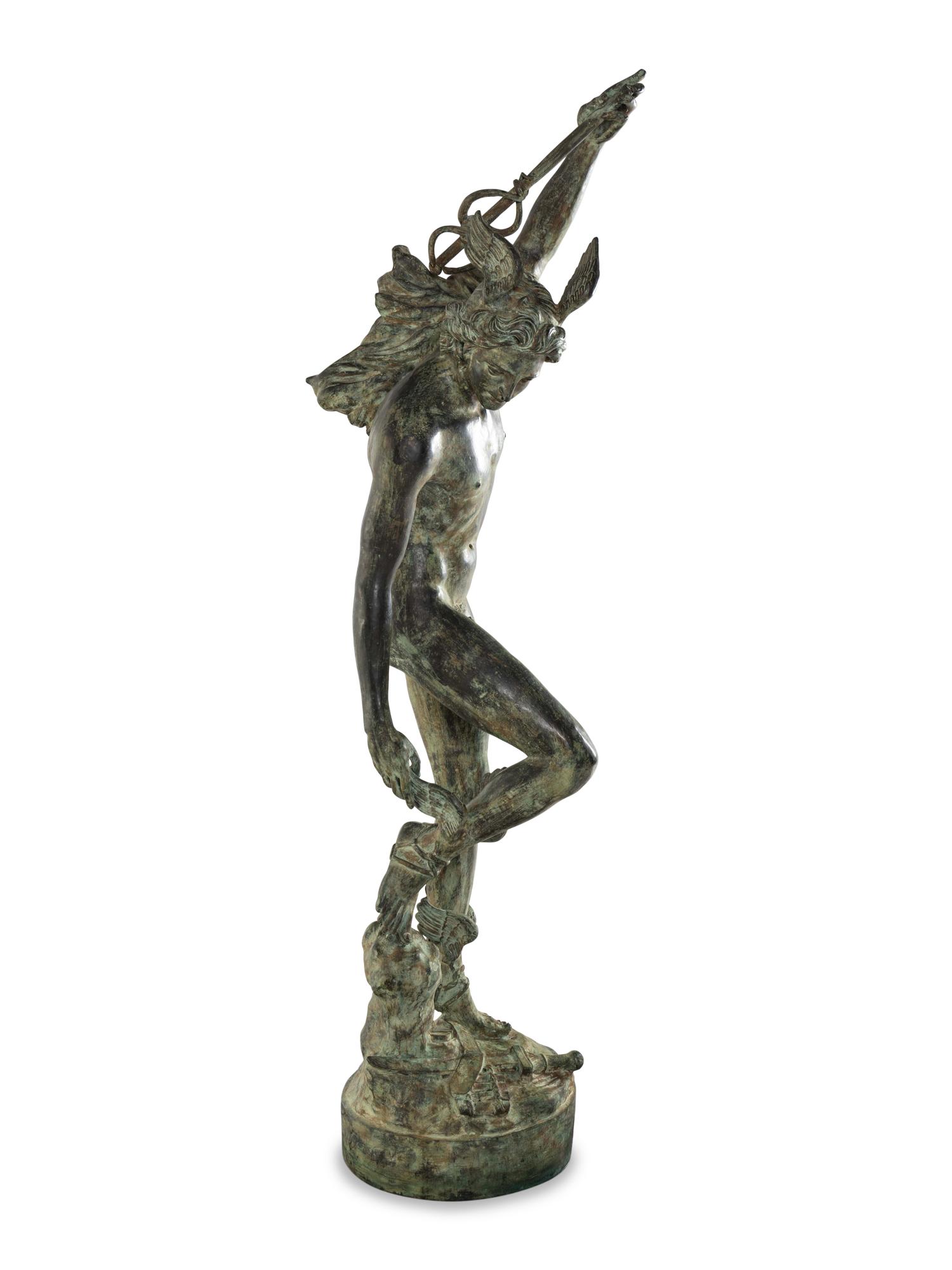 A Monumental Patinated Cast Metal Figure of Mercury