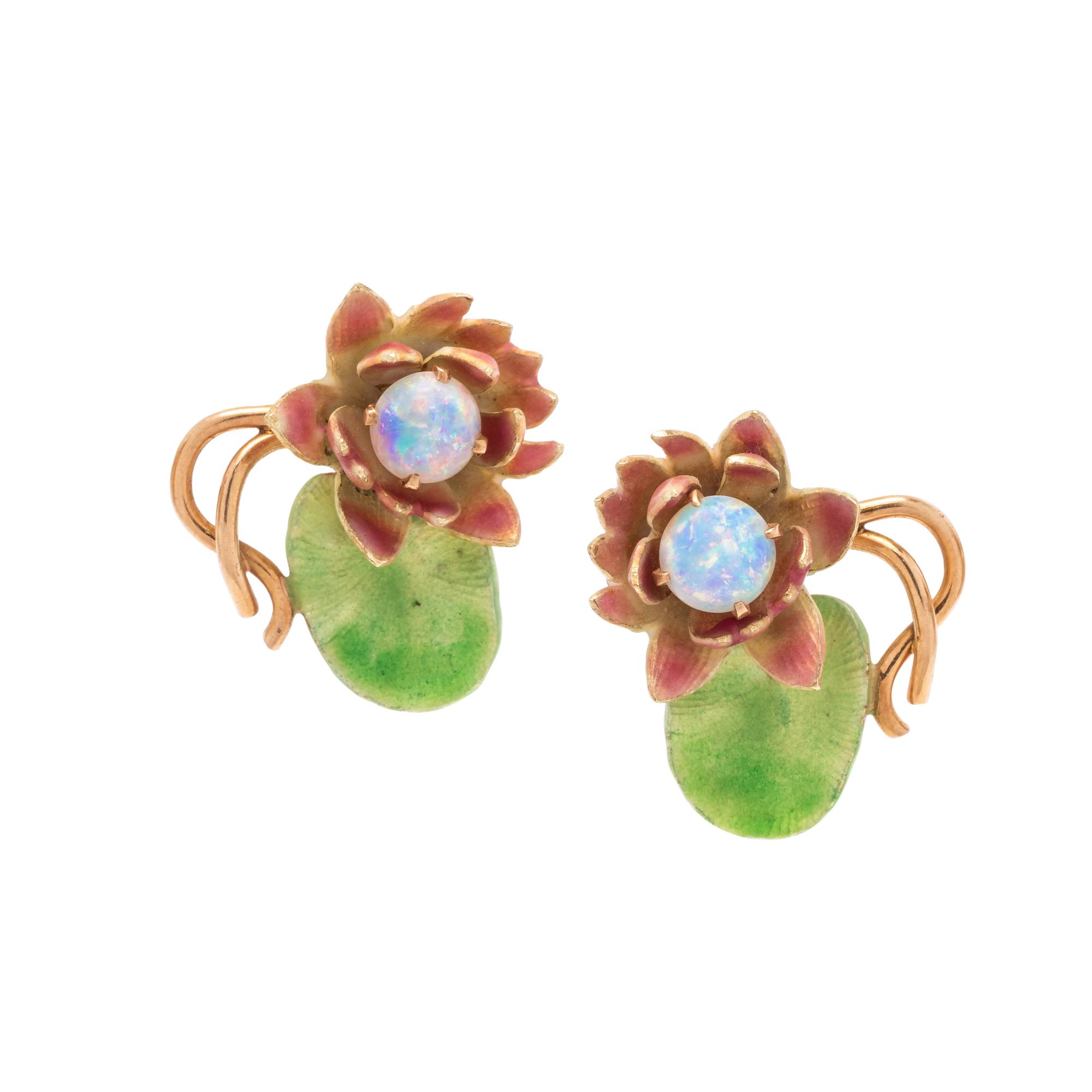 OPAL AND ENAMEL LILYPAD EARCLIPS
