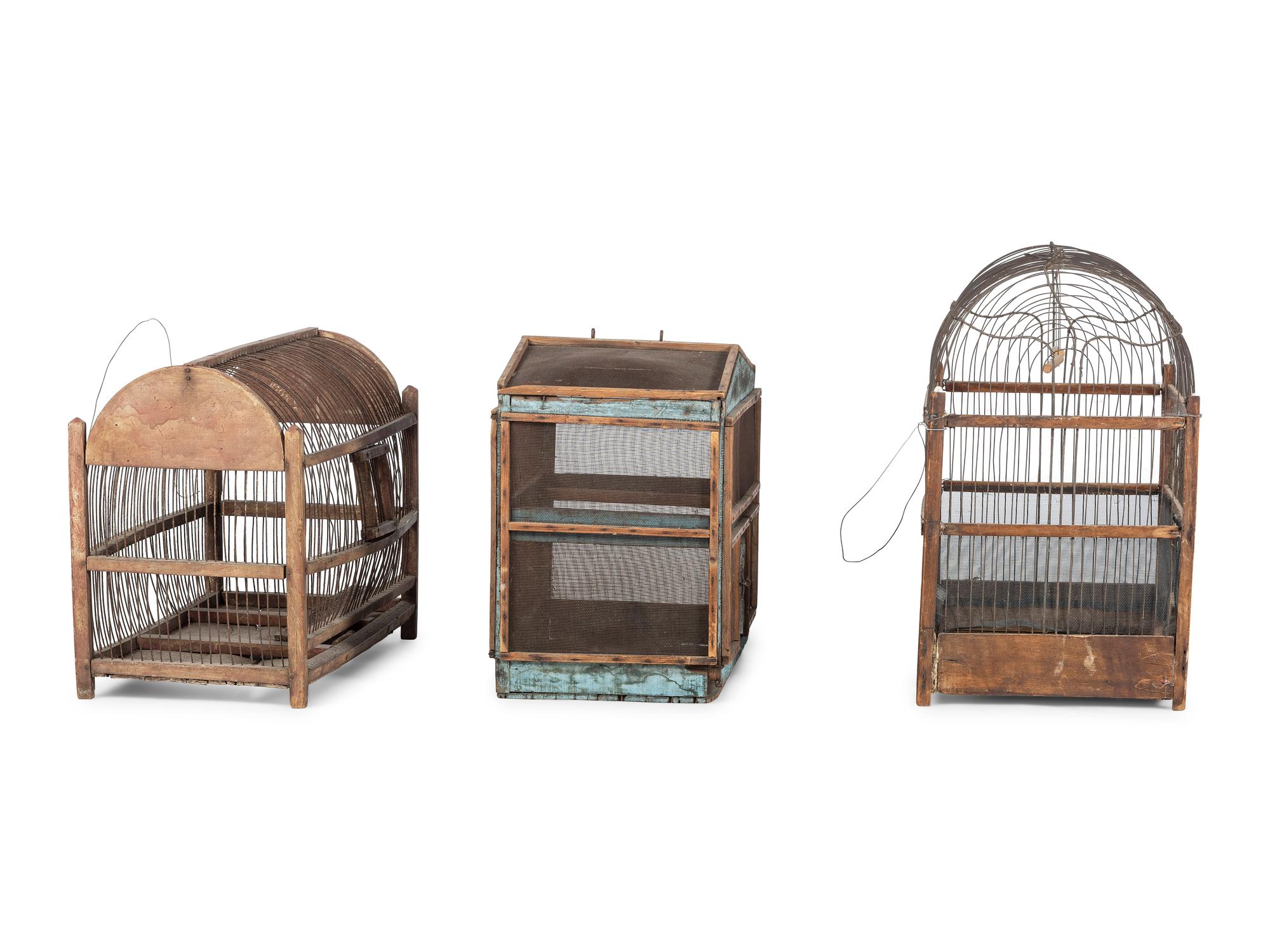 Three Wood and Wire Folk Art Bird Cages