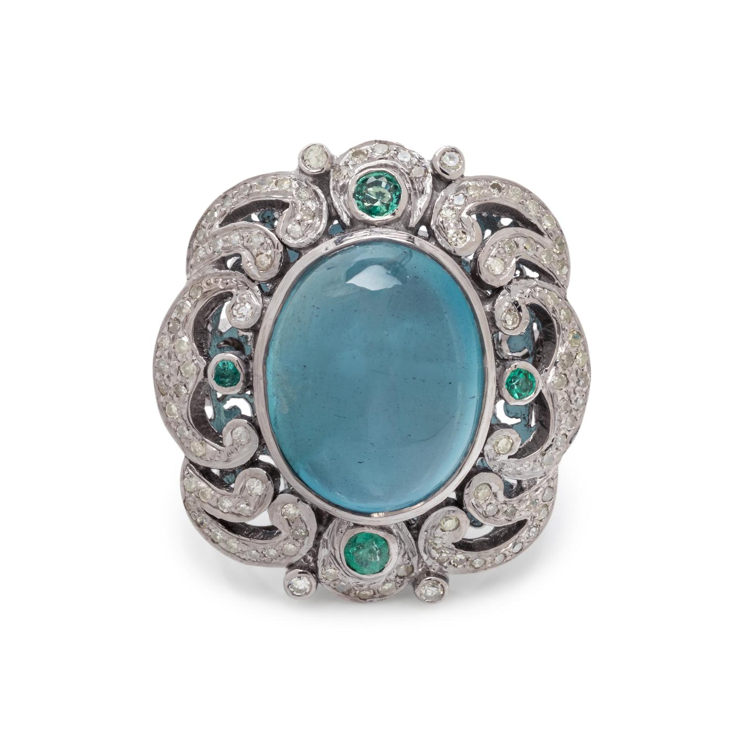 AQUAMARINE, DIAMOND AND EMERALD RING