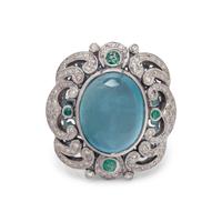 AQUAMARINE, DIAMOND AND EMERALD RING
