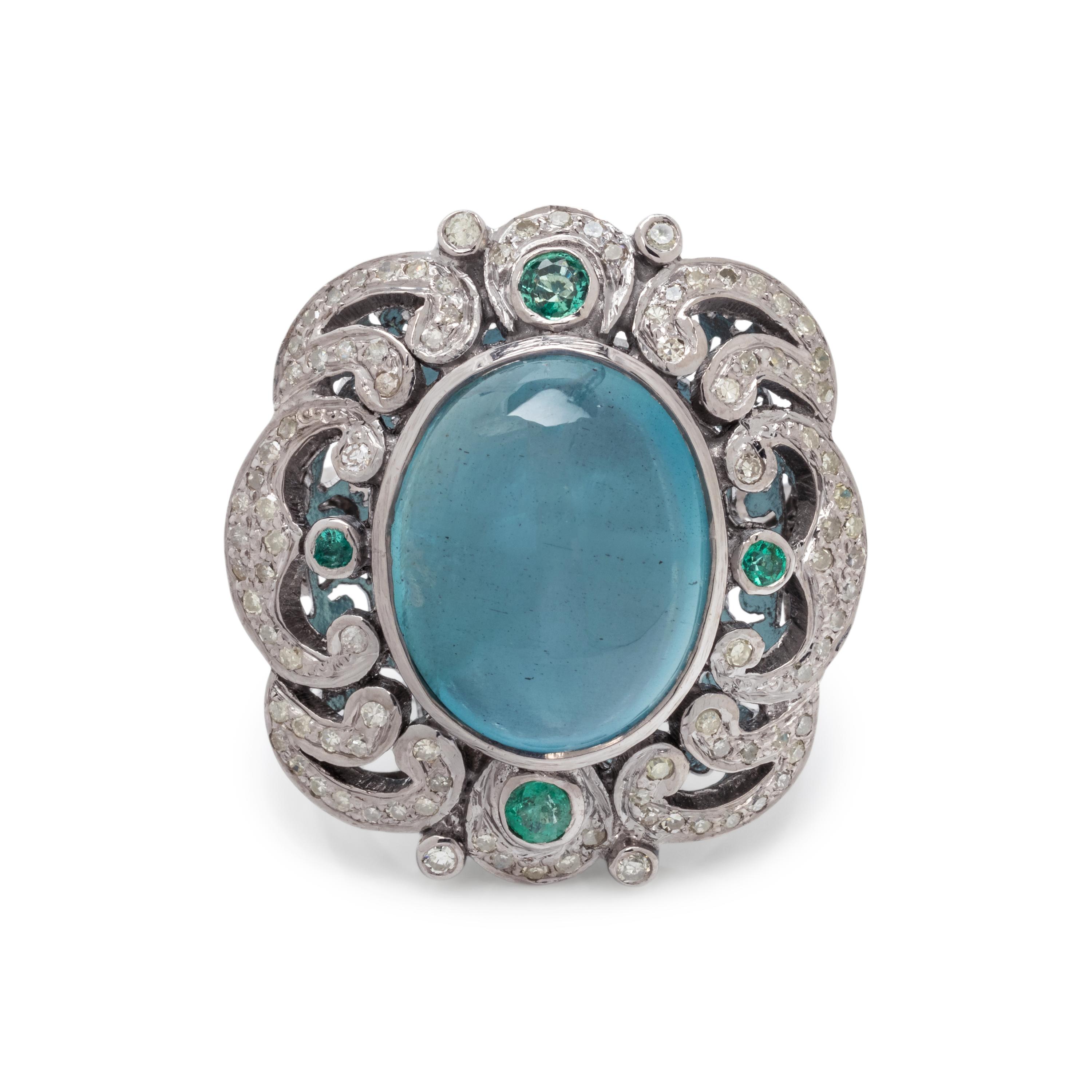 AQUAMARINE, DIAMOND AND EMERALD RING