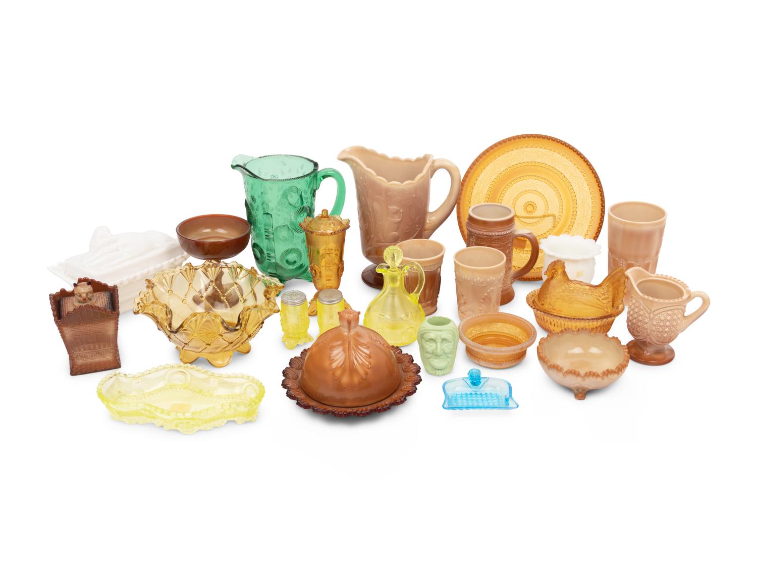 A Large Collection of Indiana Tumbler and Goblet Company Colored Glass Articles