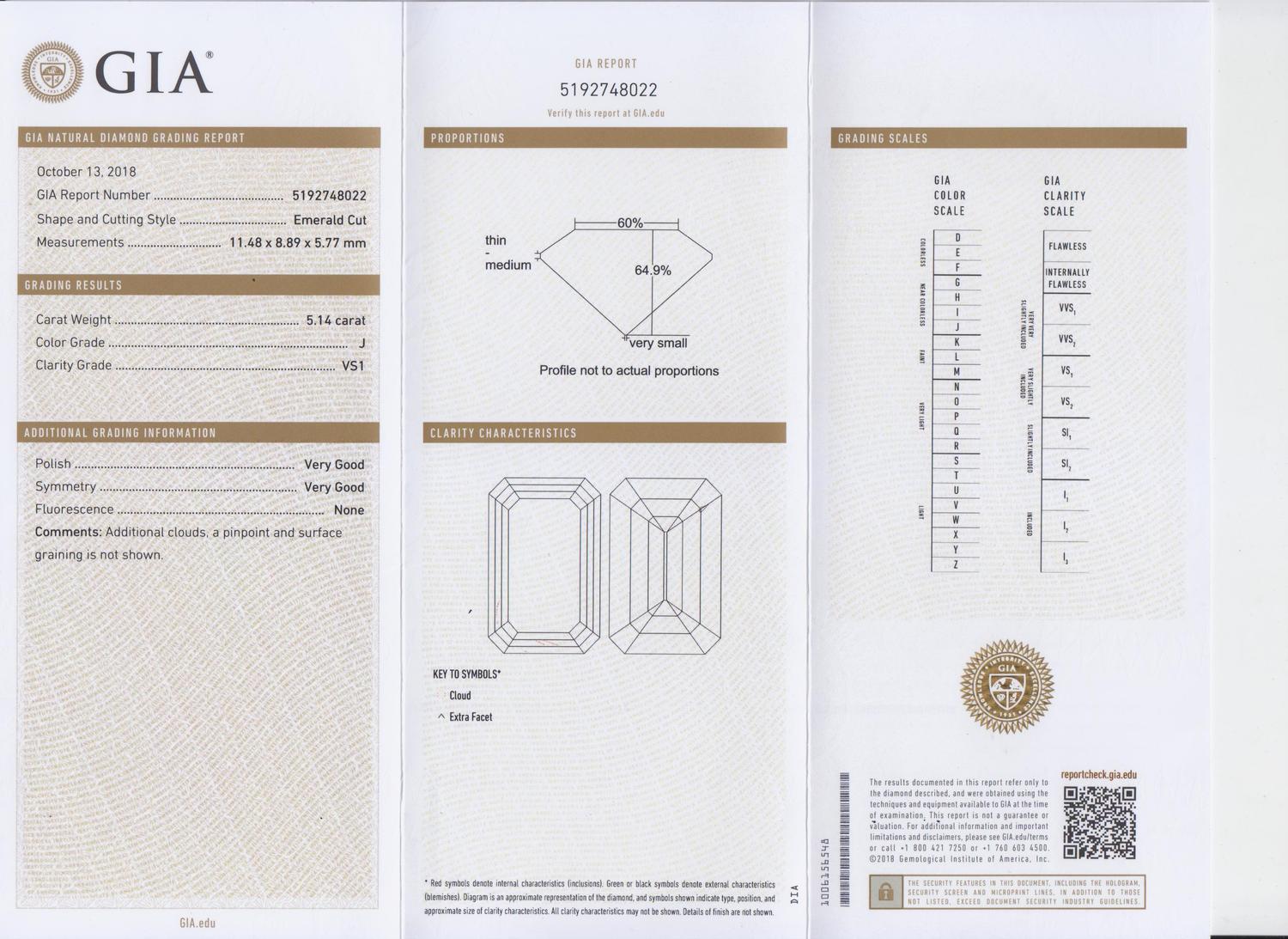 A 5.14 Carat Octagonal Step Cut Diamond,