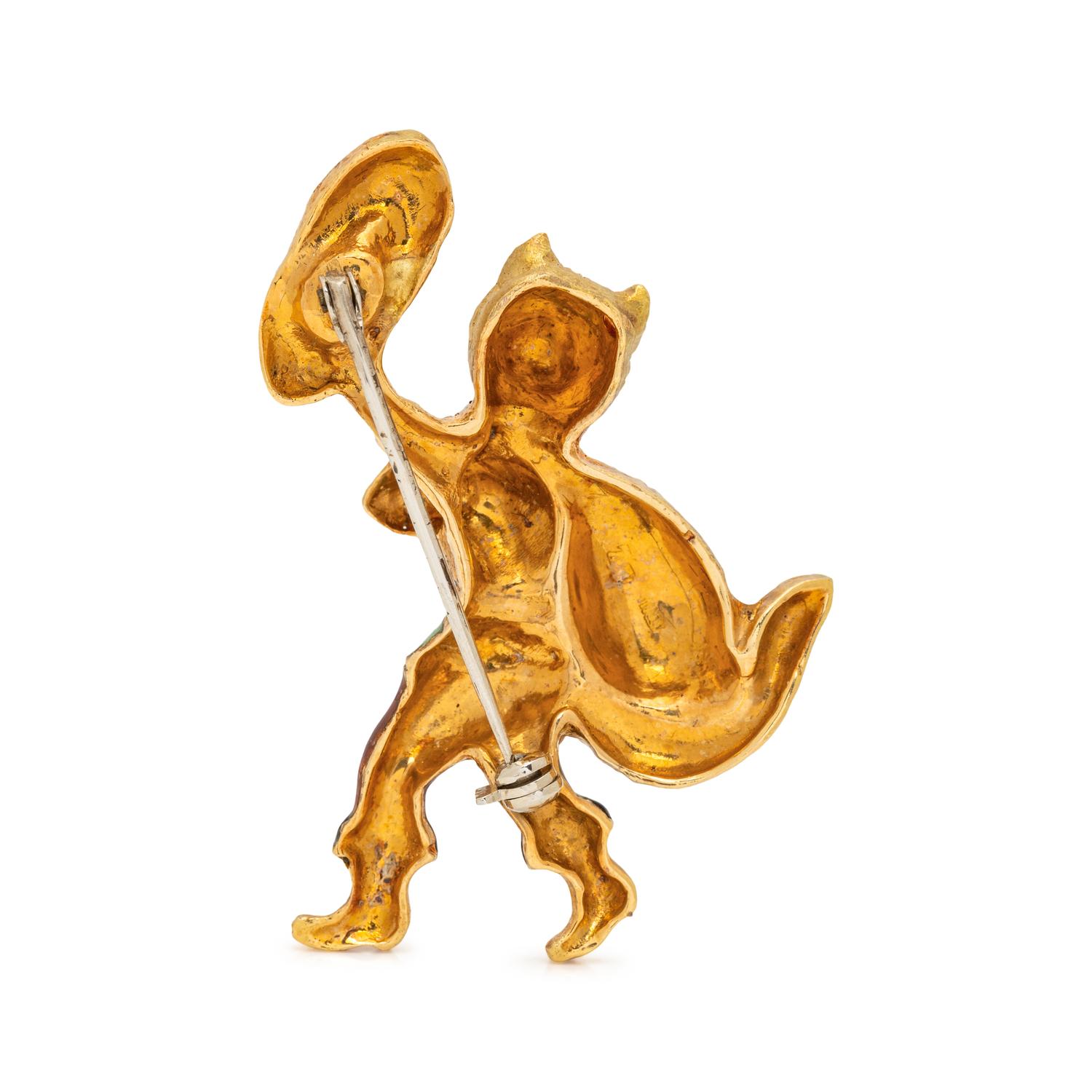 YELLOW GOLD AND ENAMEL PUSS IN BOOTS PIN