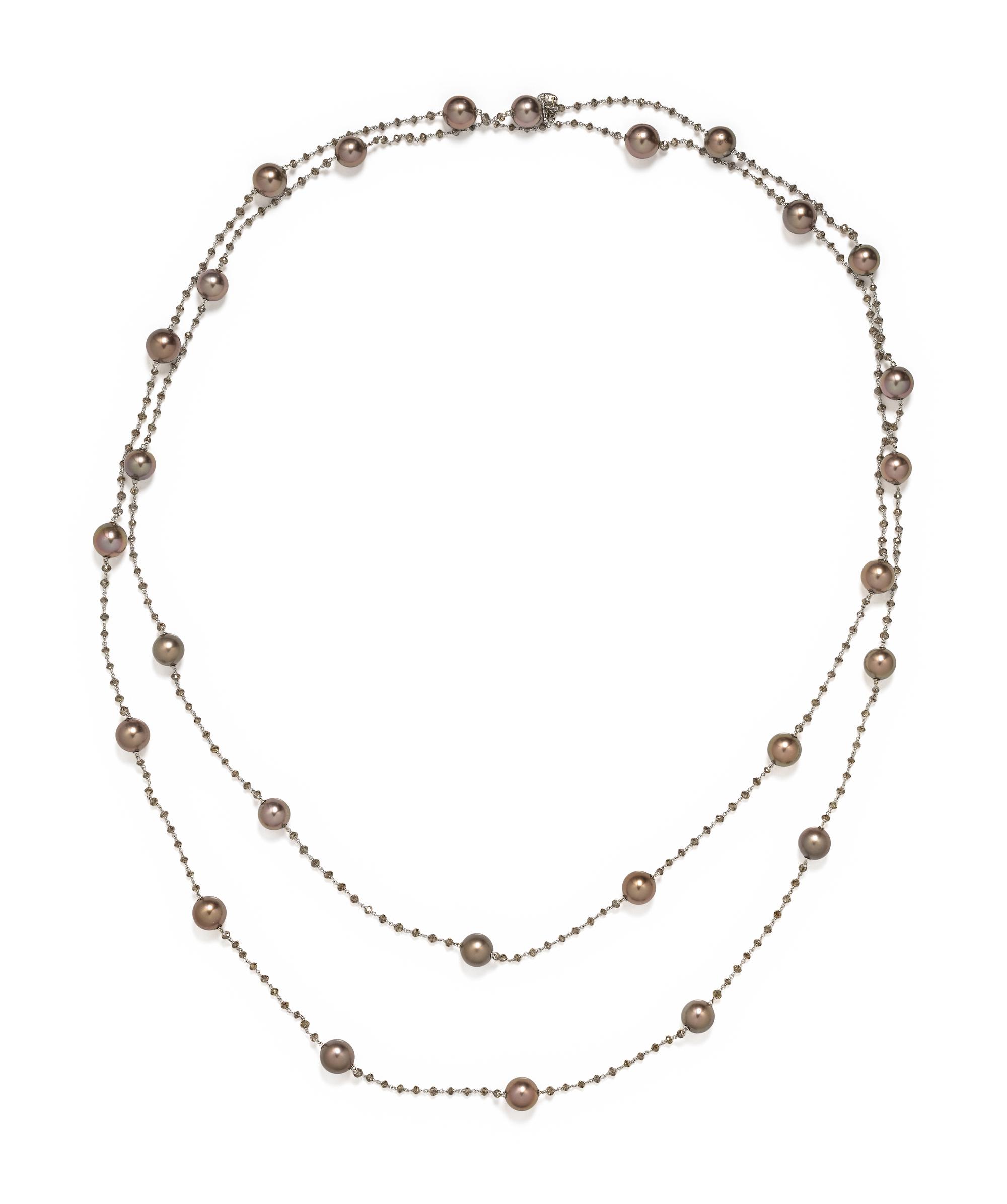 CULTURED BROWN PEARL AND BROWN DIAMOND NECKLACE