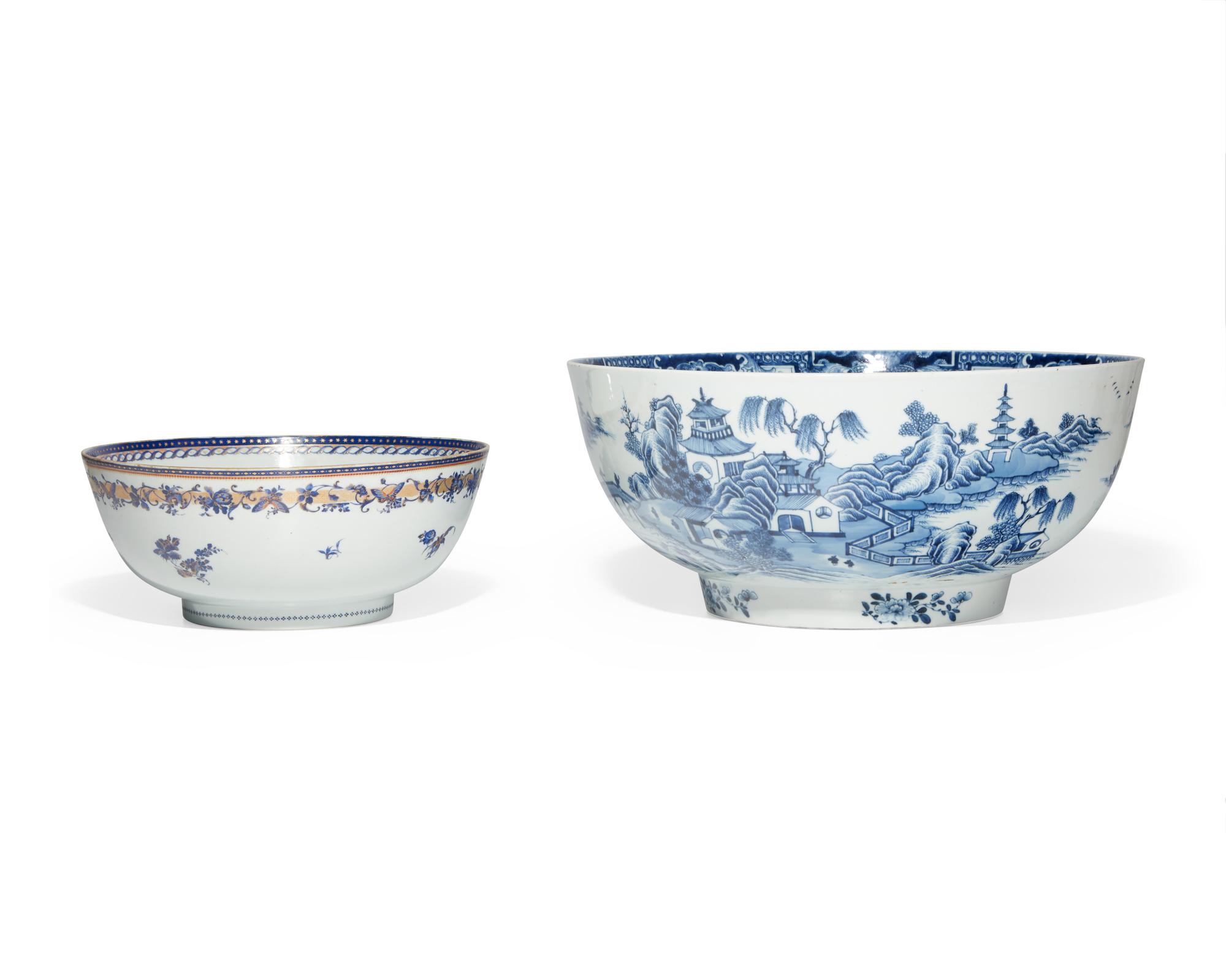 Two Chinese Export Blue and White Porcelain Punch Bowls